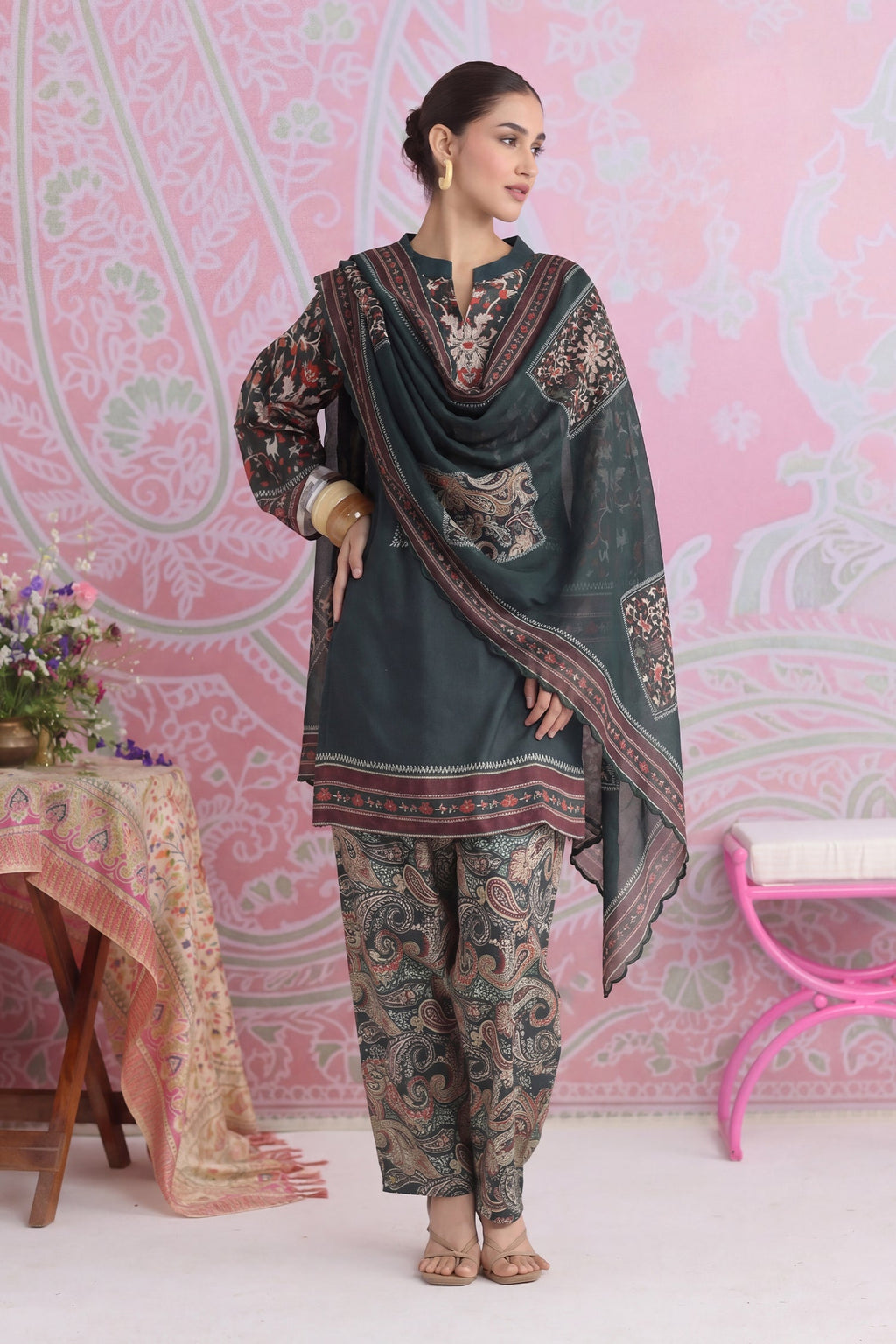 Emerald Green Printed Shimmer Lawn Cotton Co-ord Set with Straight Pants