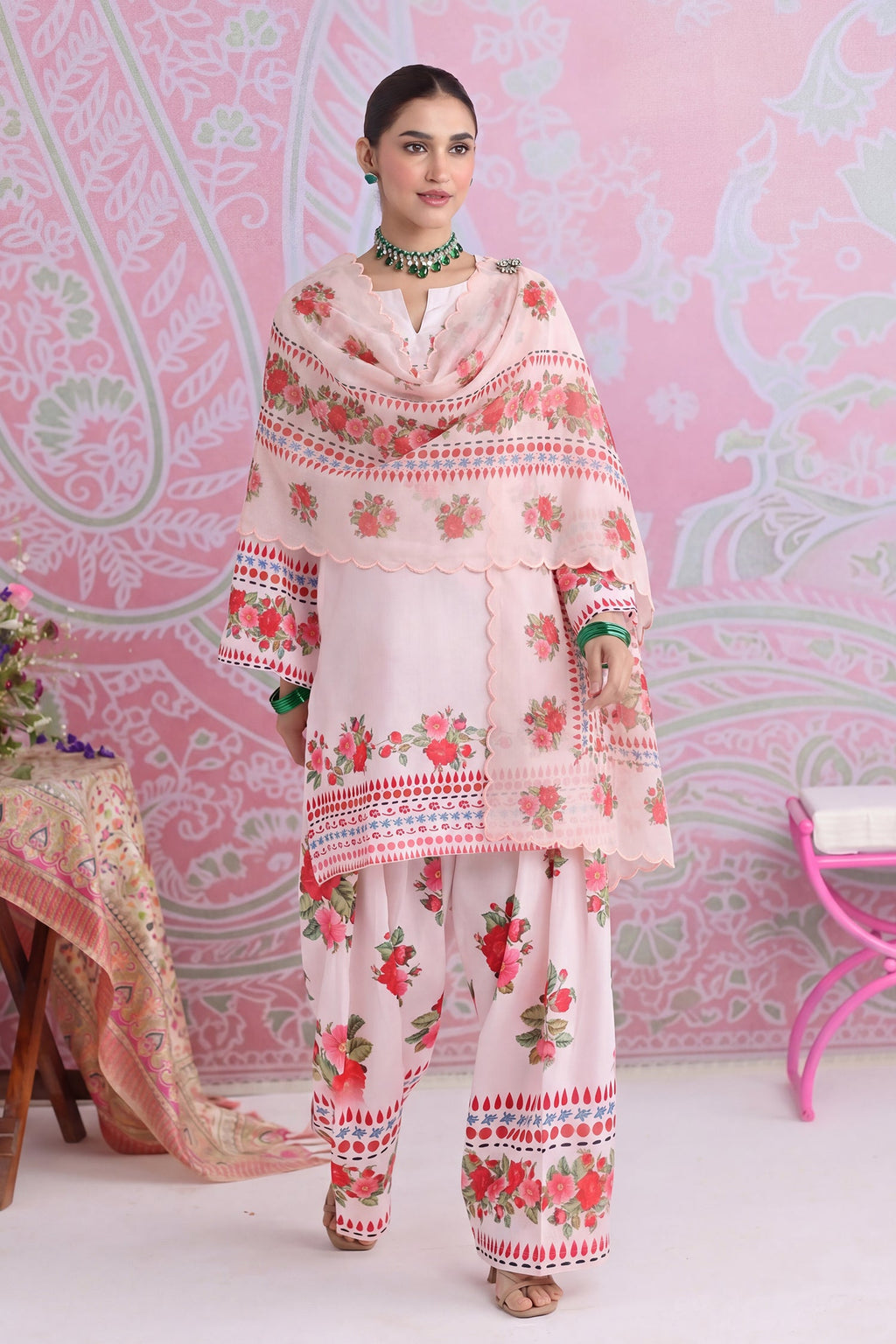 Printed Organza Dupatta in Pink