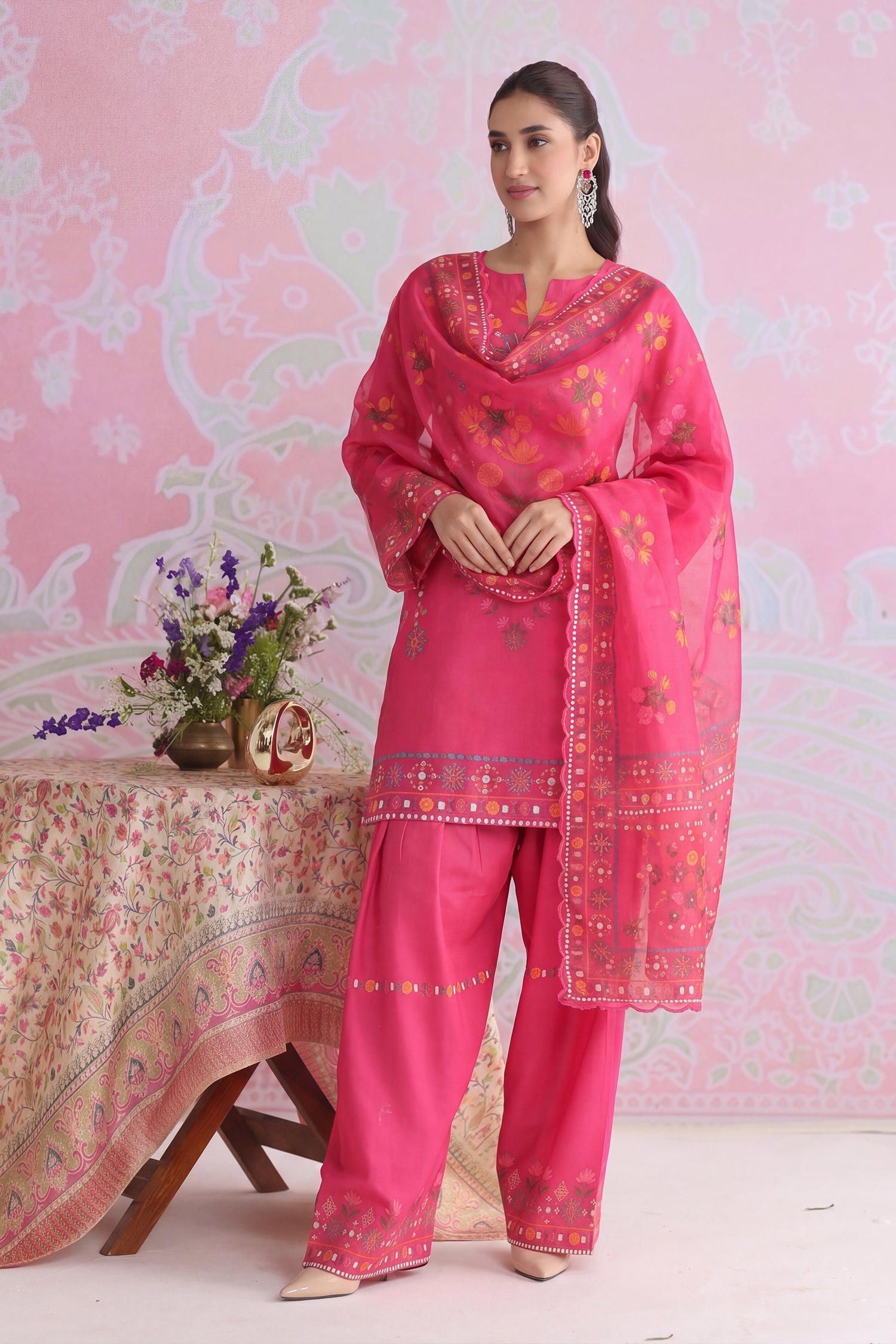 Plus Size - Raspberry Pink Printed Lawn Cotton Co-ord Set with Farsi Pants