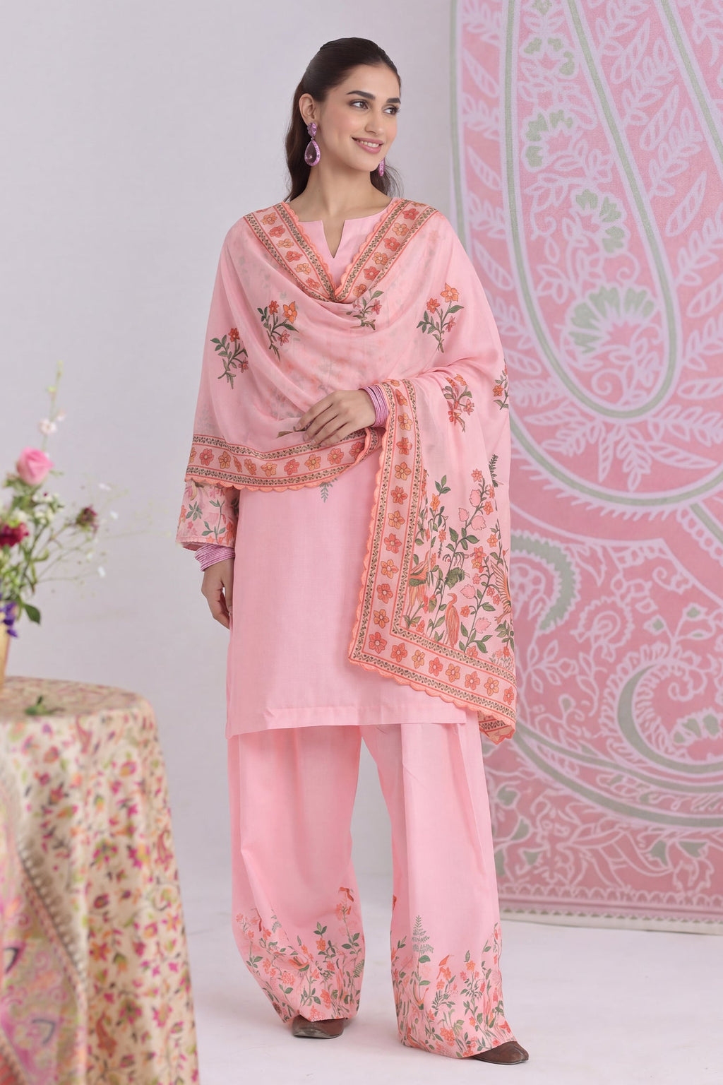 Blush Pink Printed Lawn Cotton Co-ord Set with Farsi Pants