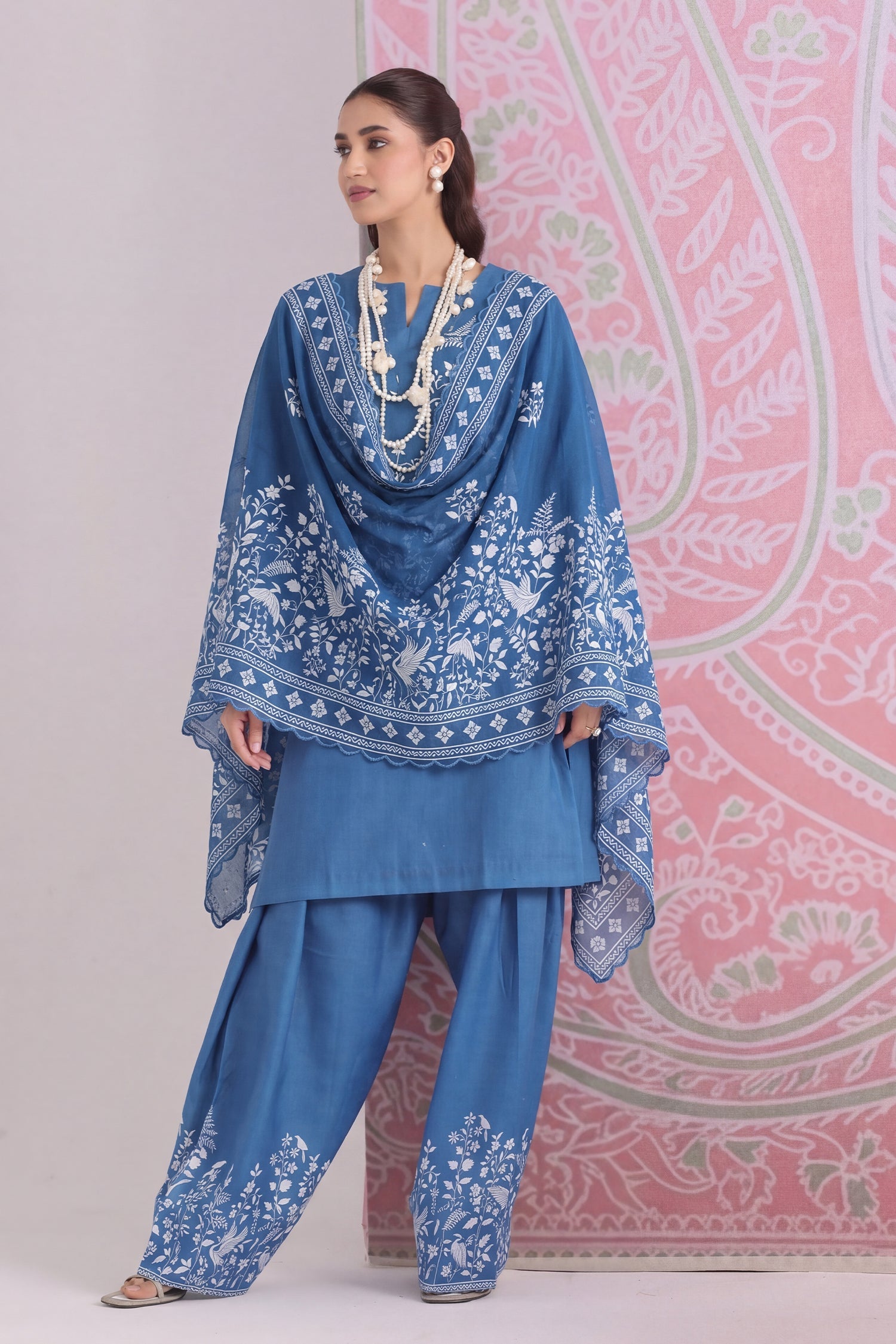 Plus Size - Indigo Blue Printed Lawn Cotton Co-ord Set with Farsi Pants