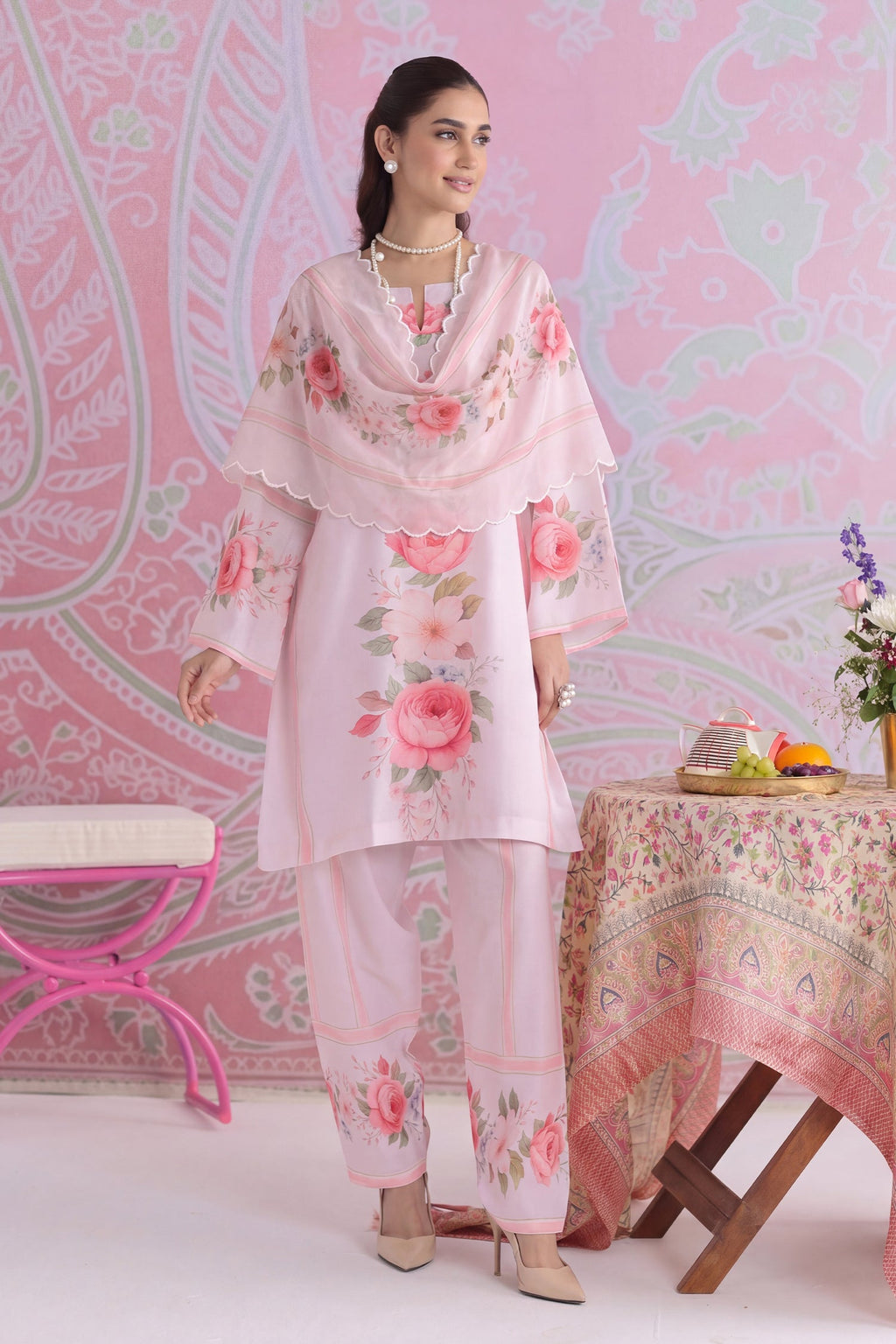 Printed Organza Dupatta in Pink