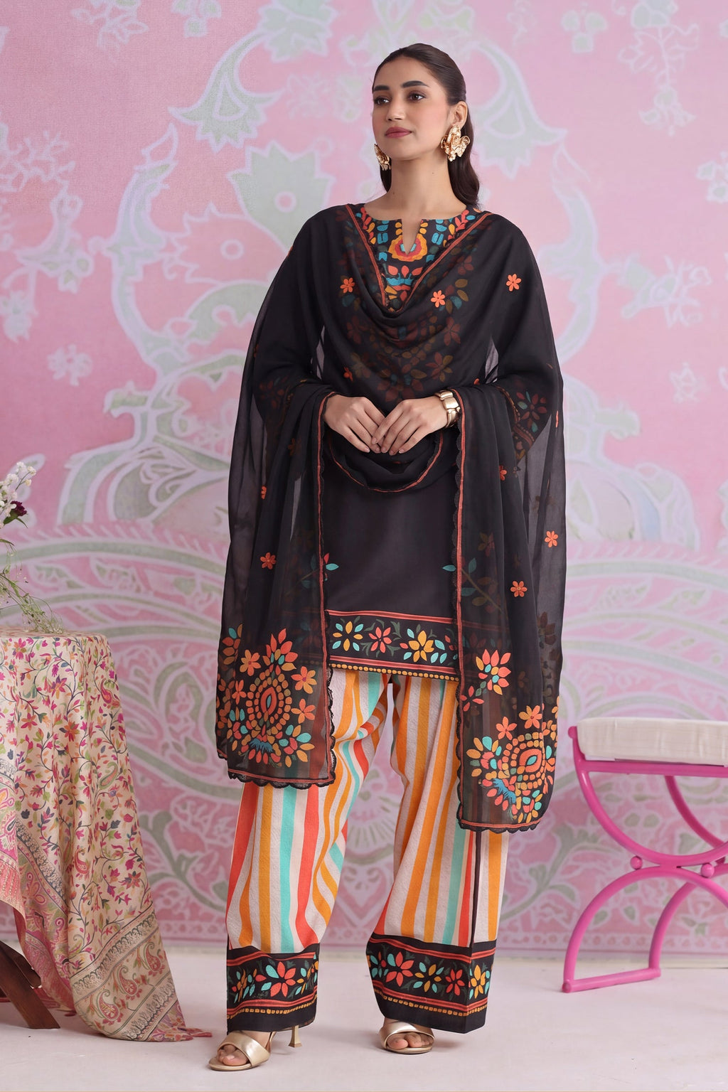 Plus Size - Black Multicolour Printed Lawn Cotton Co-ord Set with Farsi Pants
