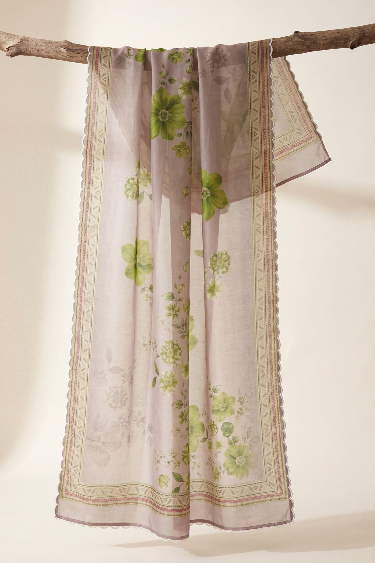 Ivory & Sage Green Printed Lawn Cotton Co-ord Set with Straight Pants