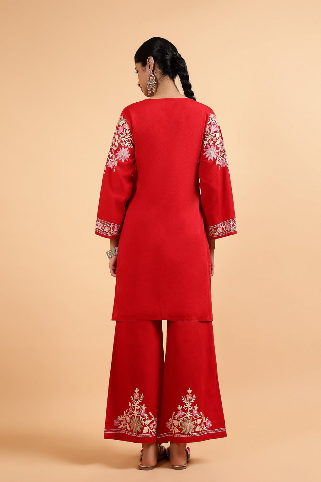 Plus Size - Kashmiri Aari Embroidered Kurta Set with Bellbottom Pants in Red Cotton Silk
