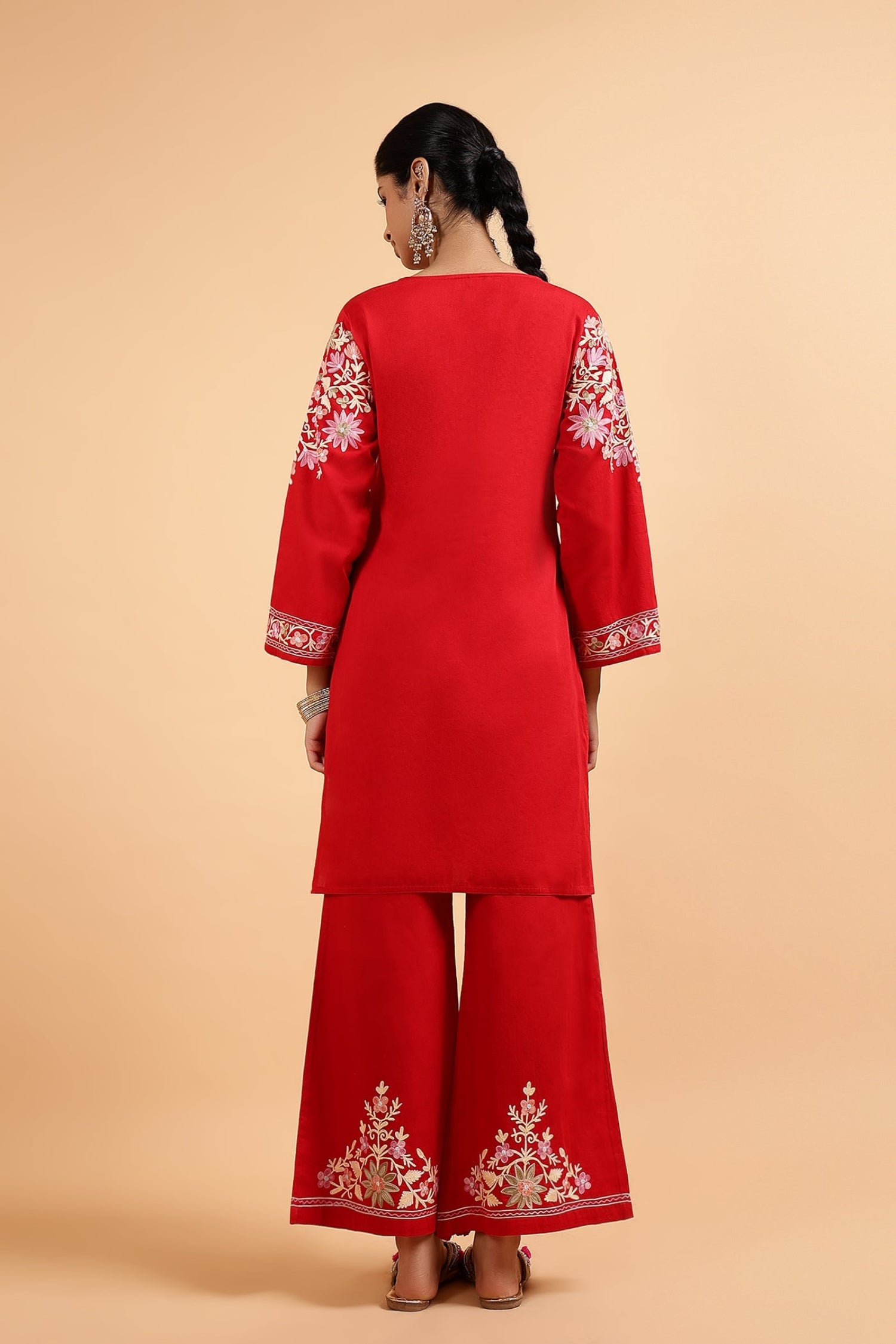 Plus Size - Kashmiri Aari Embroidered Kurta Set with Bellbottom Pants in Red Cotton Silk