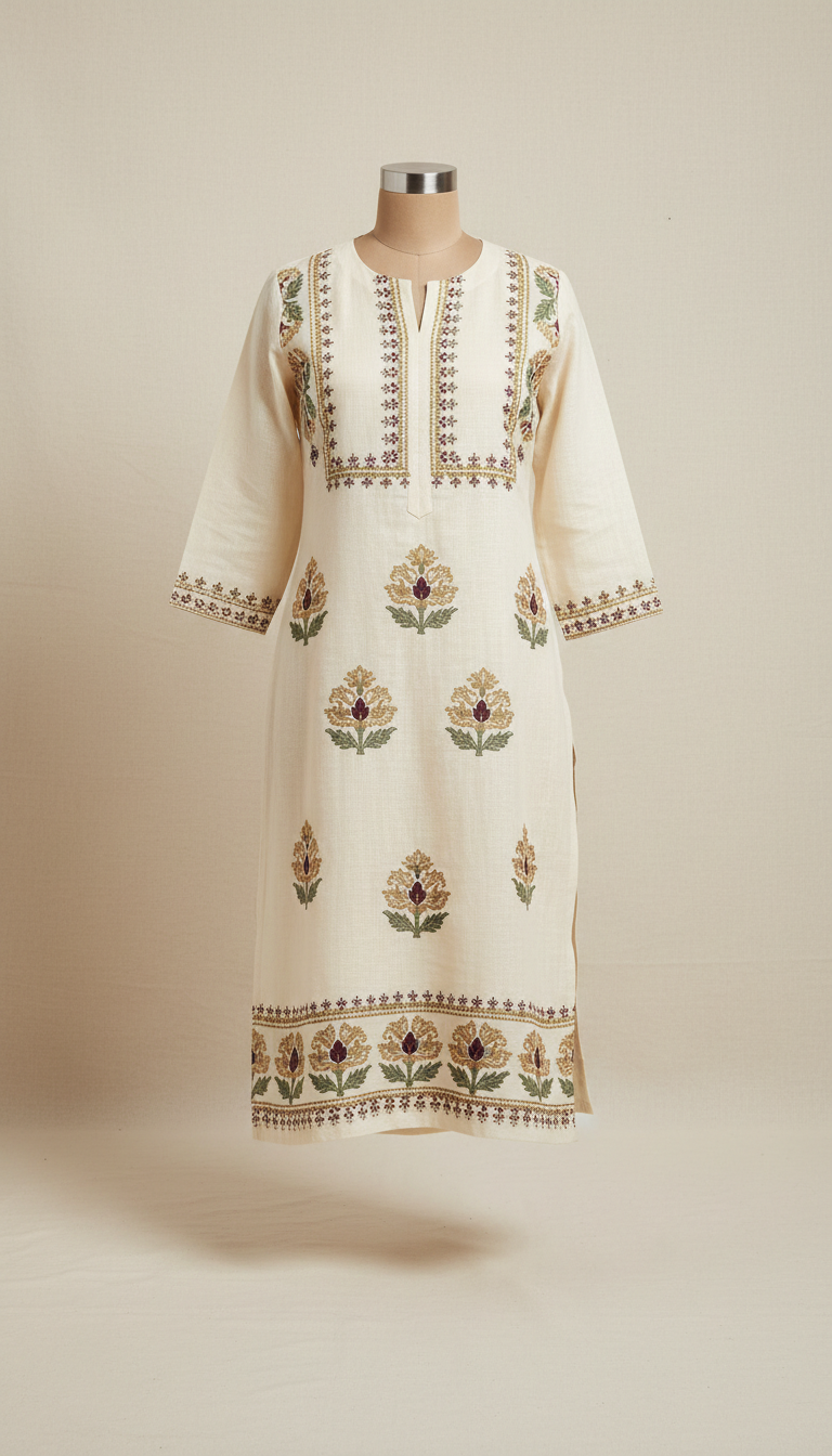 Ivory Linen Motif Kurti