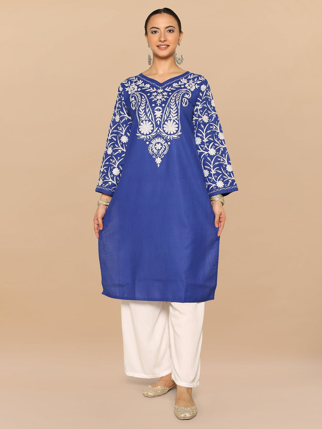 Plus Size - Falak Kashmiri Long Kurta - Blue
