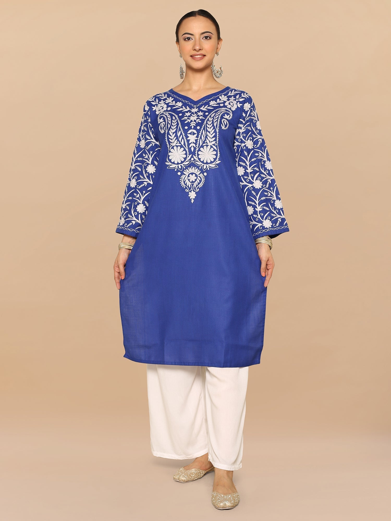 Plus Size - Falak Kashmiri Long Kurta - Blue