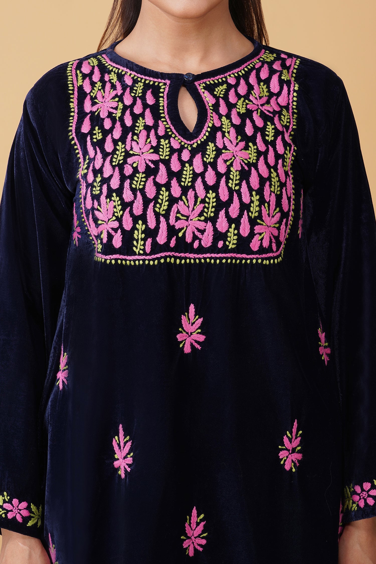Velvet Chikankari Kurta Set – Blue