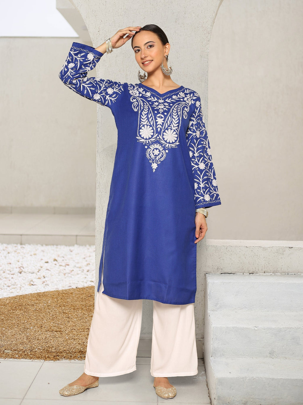 Plus Size - Falak Kashmiri Long Kurta - Blue