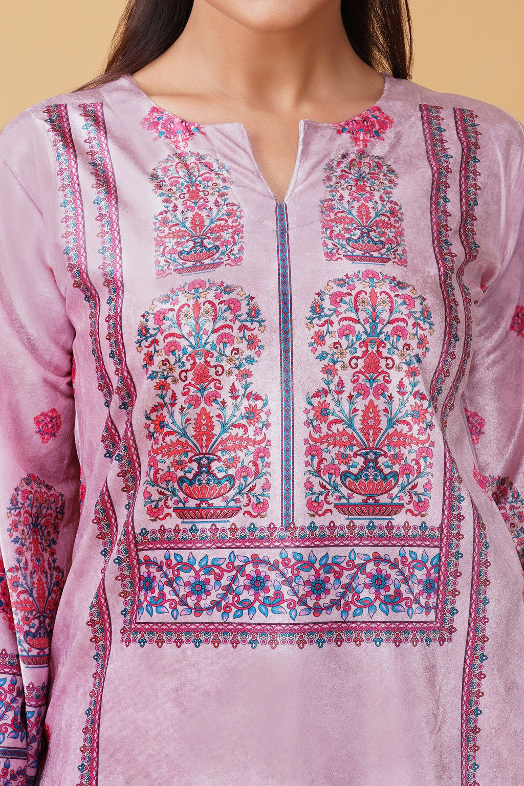 Velvet Printkari Coord Set with Farsi Bottoms – Rose Pink