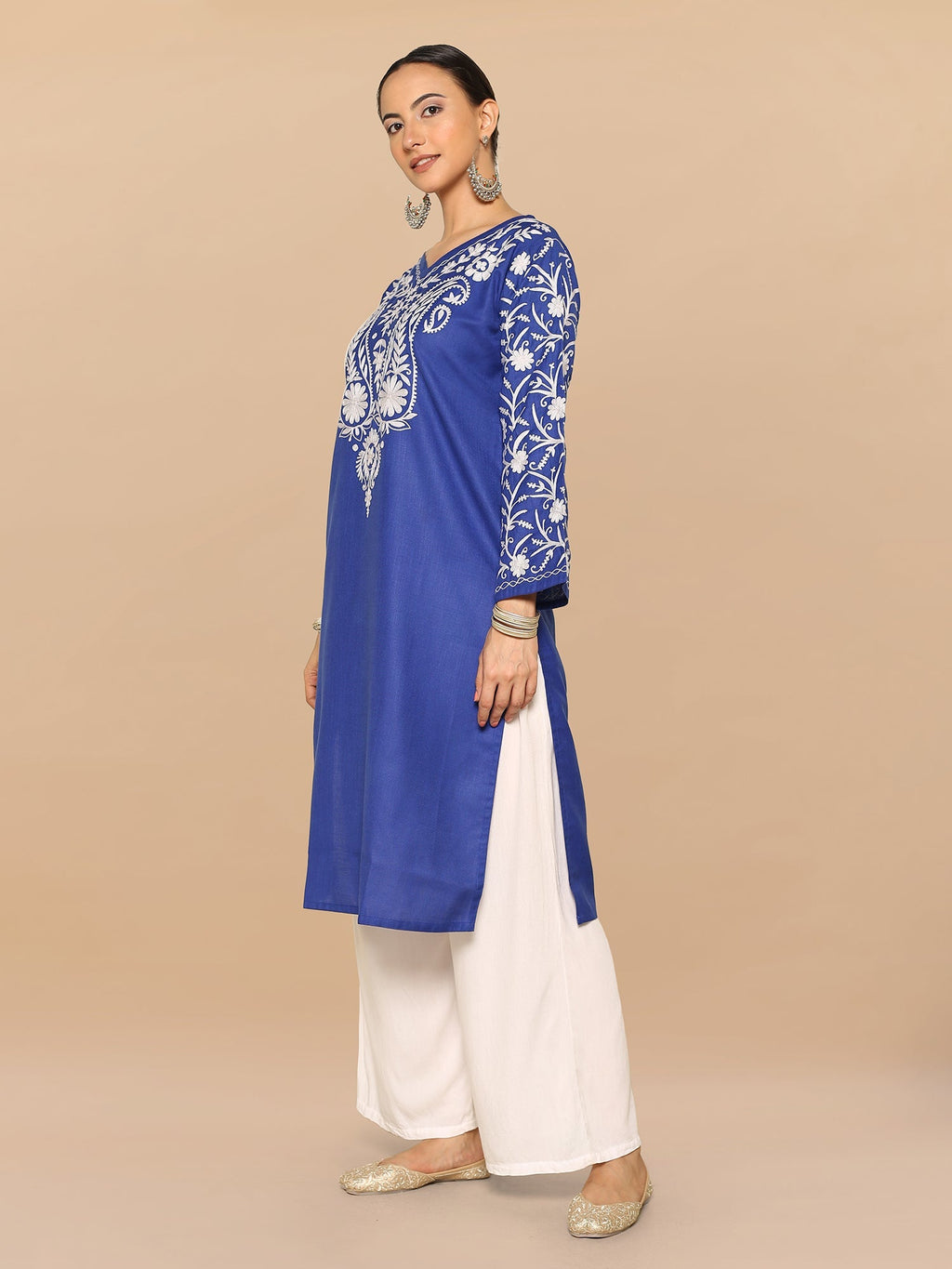 Plus Size - Falak Kashmiri Long Kurta - Blue
