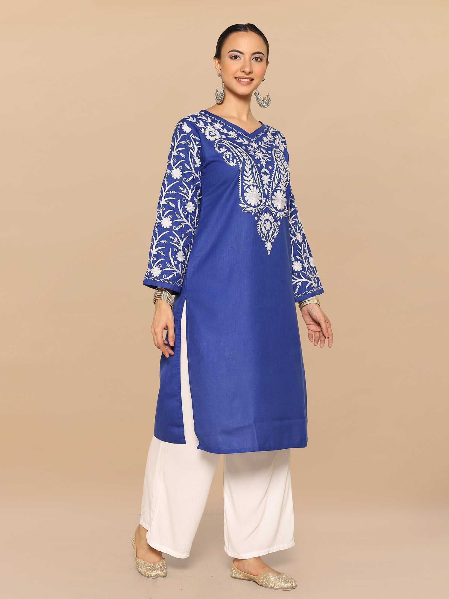 Plus Size - Falak Kashmiri Long Kurta - Blue