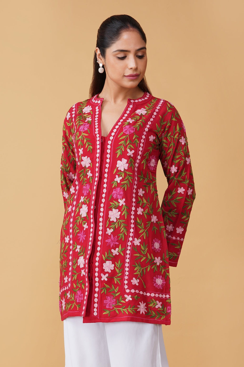 Cotton Kashmiri Aari Embroidered Jacket – Red Floral