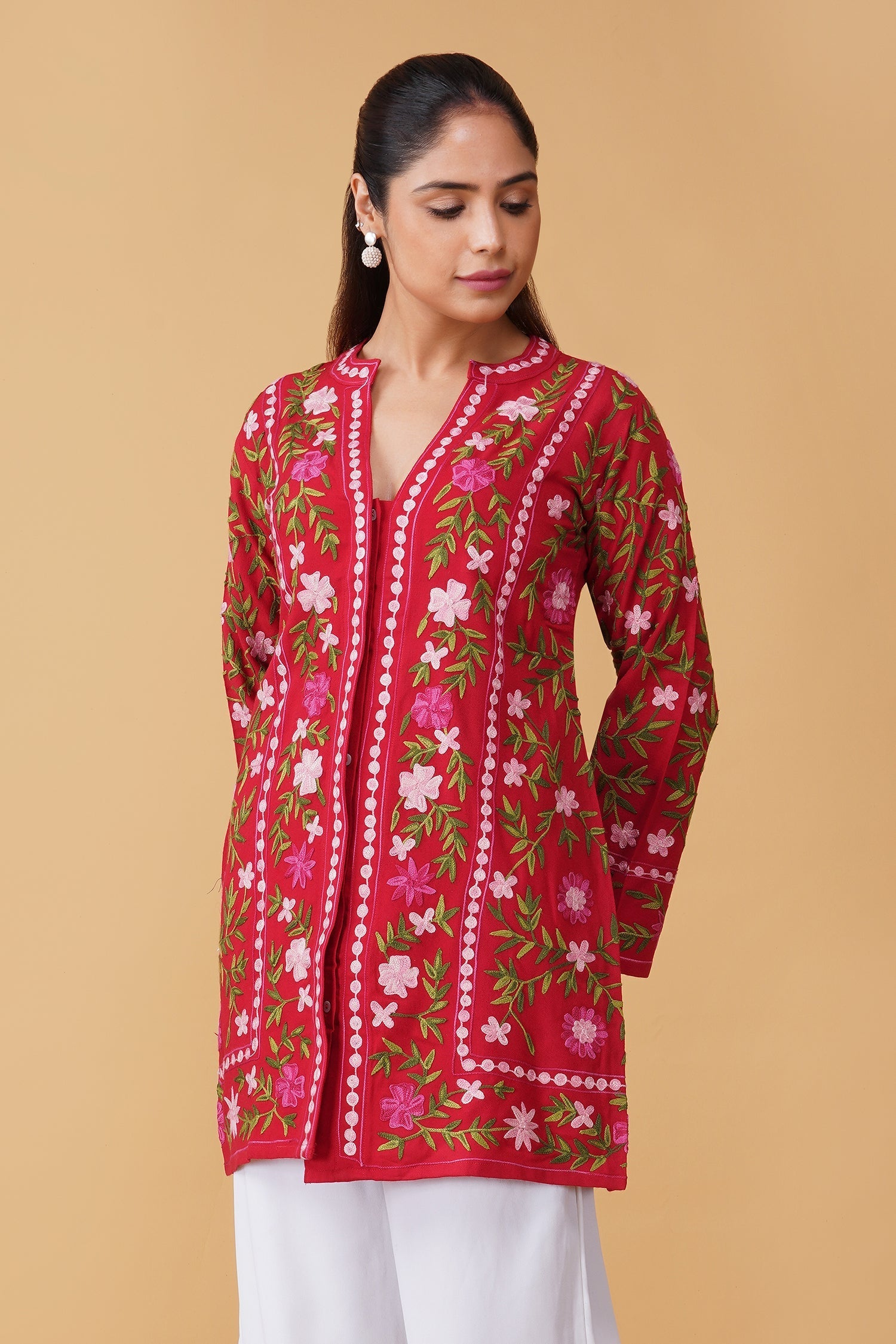 Cotton Kashmiri Aari Embroidered Jacket – Red Floral