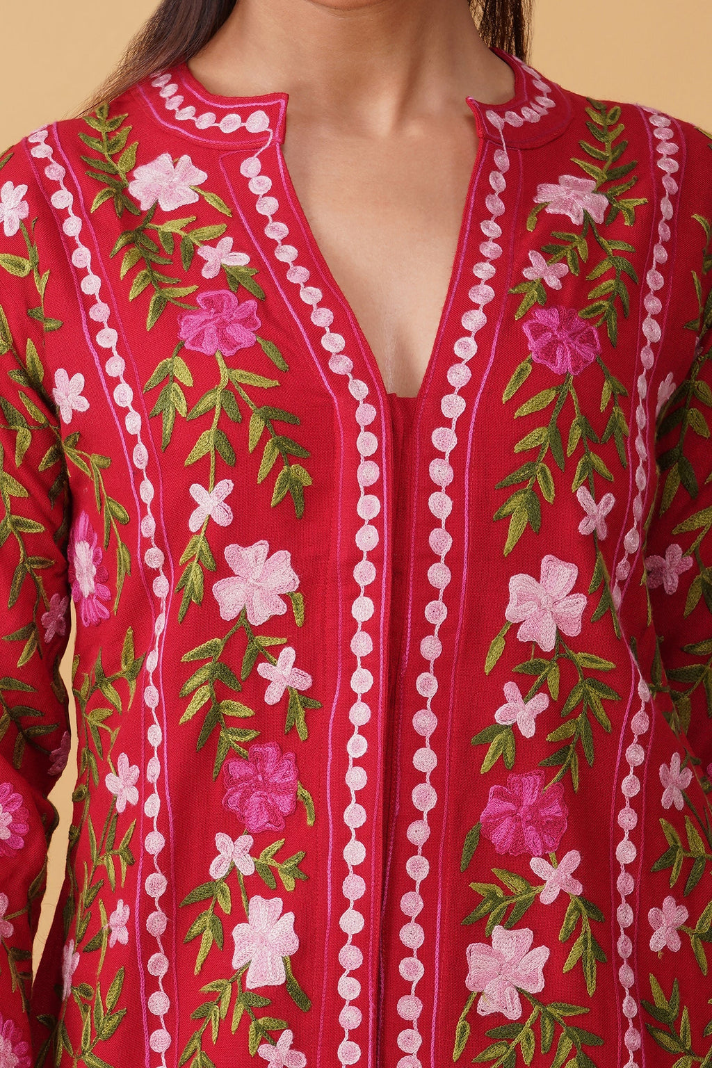 Cotton Kashmiri Aari Embroidered Jacket – Red Floral