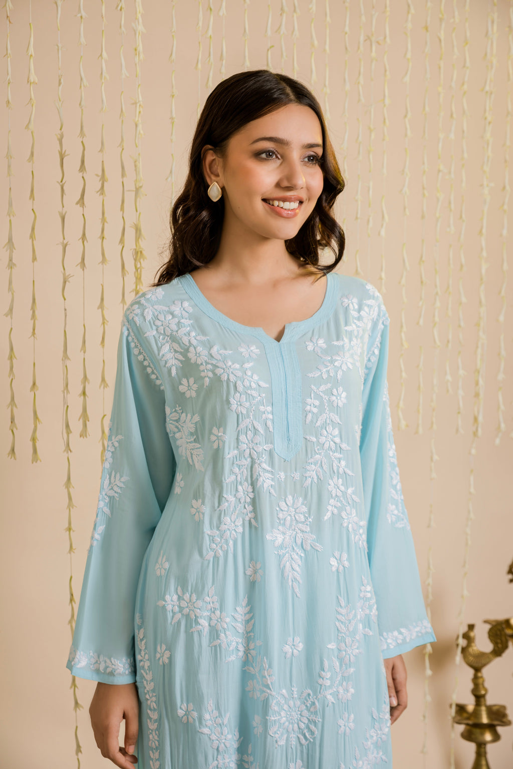 Samma Chikankari Long Kurti In Modal Cotton  for Women- Blue