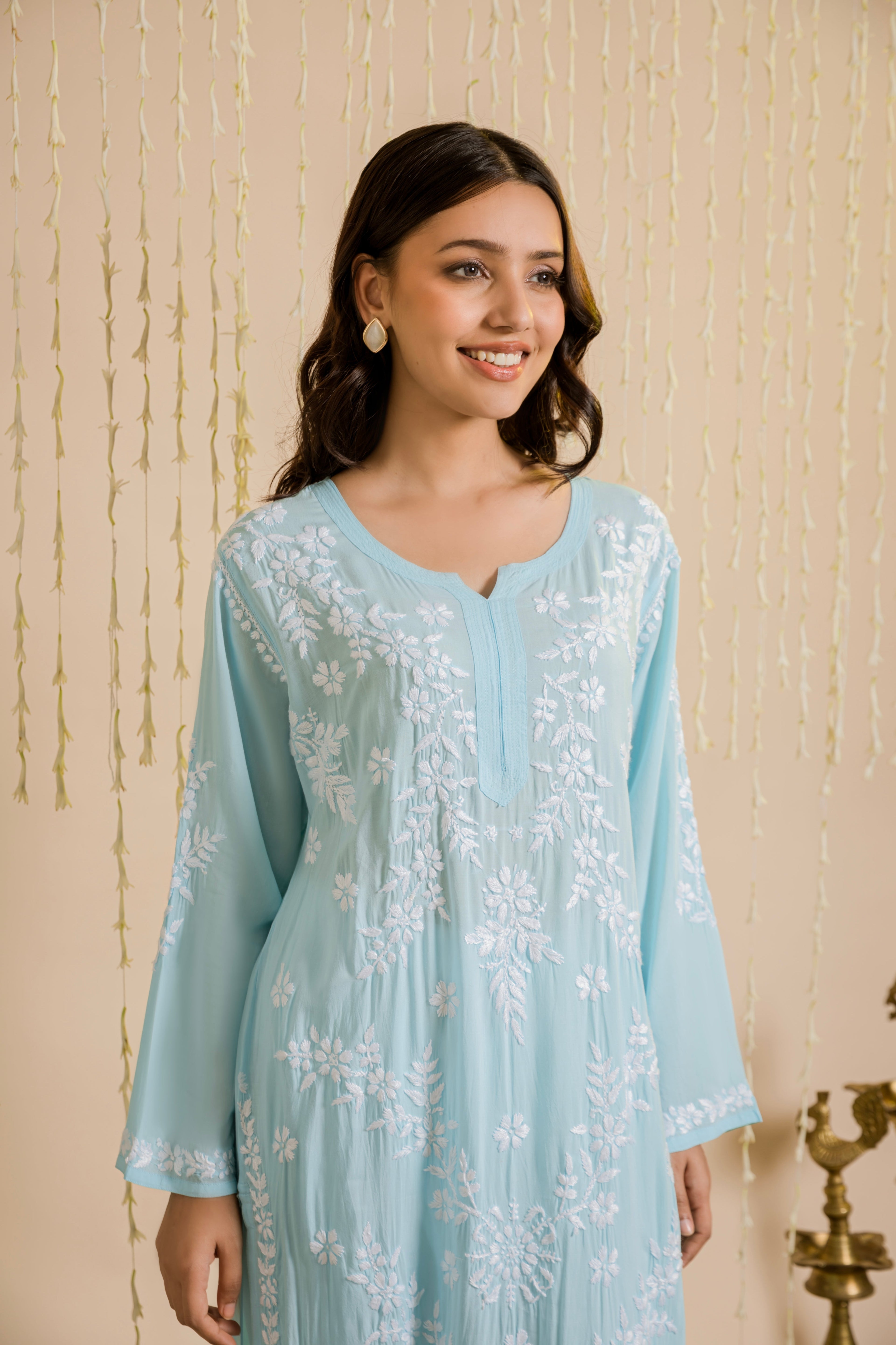 Samma Chikankari Long Kurti In Modal Cotton  for Women- Blue