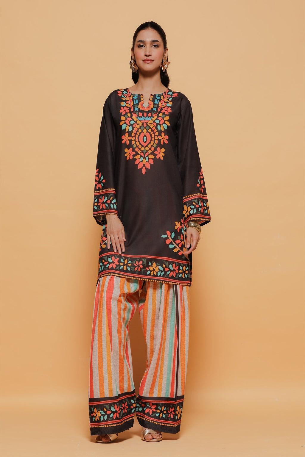 Plus Size - Black Multicolour Printed Lawn Cotton Co-ord Set with Farsi Pants