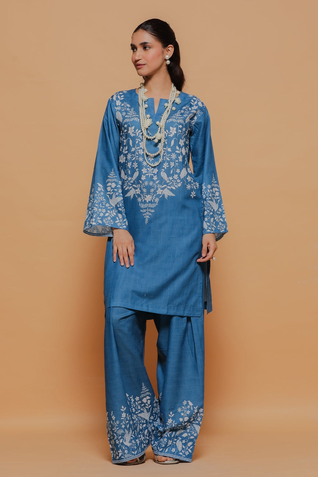 Plus Size - Indigo Blue Printed Lawn Cotton Co-ord Set with Farsi Pants