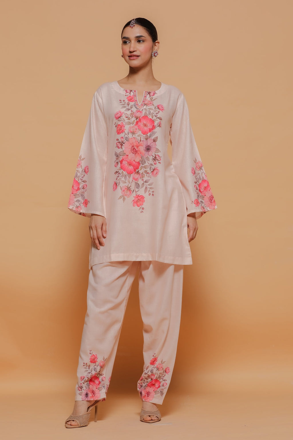 Blush Beige Floral Printed Lawn Cotton Co-ord Set with Straight Pants