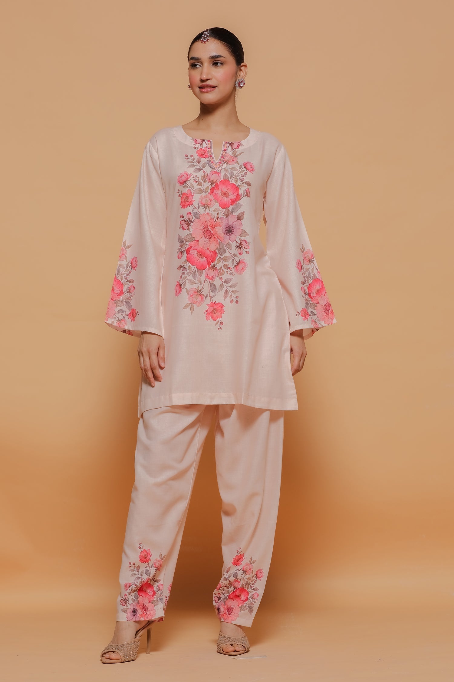 Blush Beige Floral Printed Lawn Cotton Co-ord Set with Straight Pants