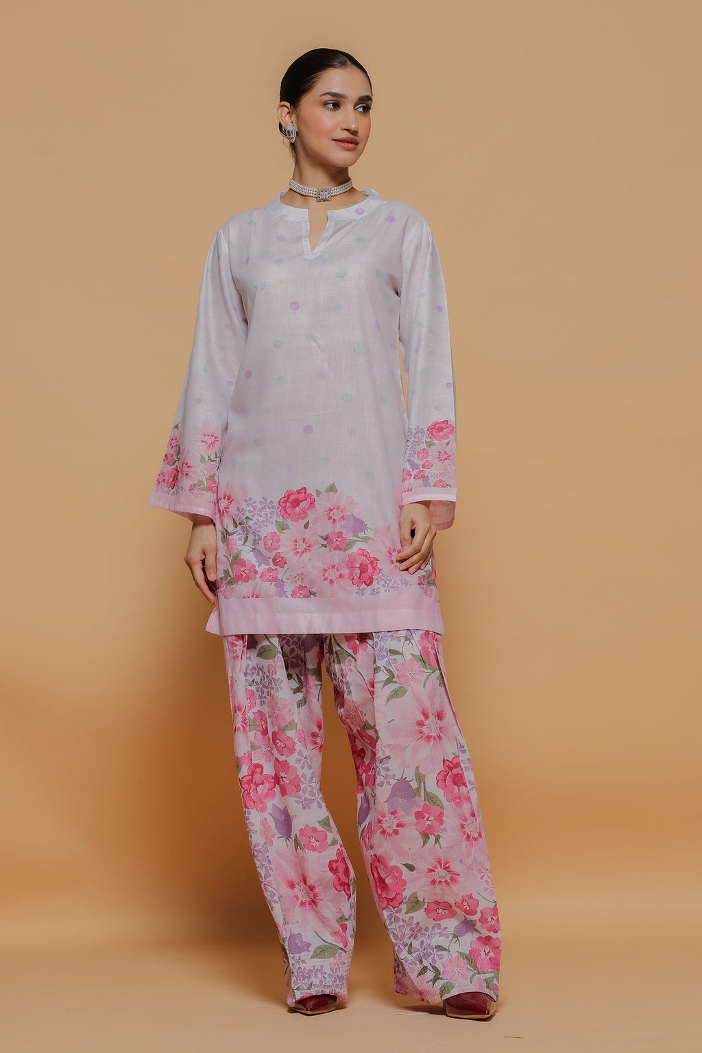 Blush Pink Printed Lawn Cotton Co-ord Set with Farsi Pants