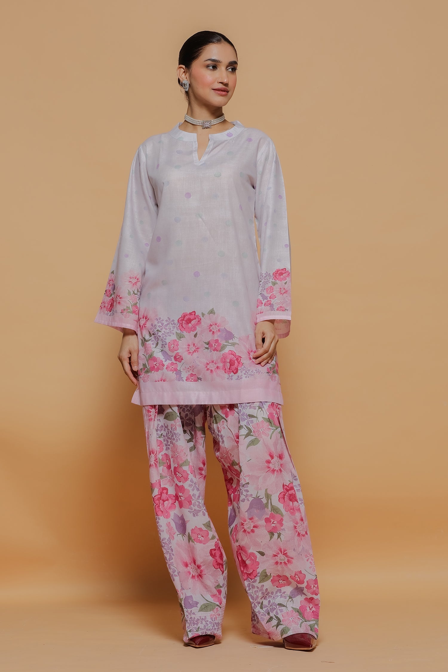 Blush Pink Printed Lawn Cotton Co-ord Set with Farsi Pants