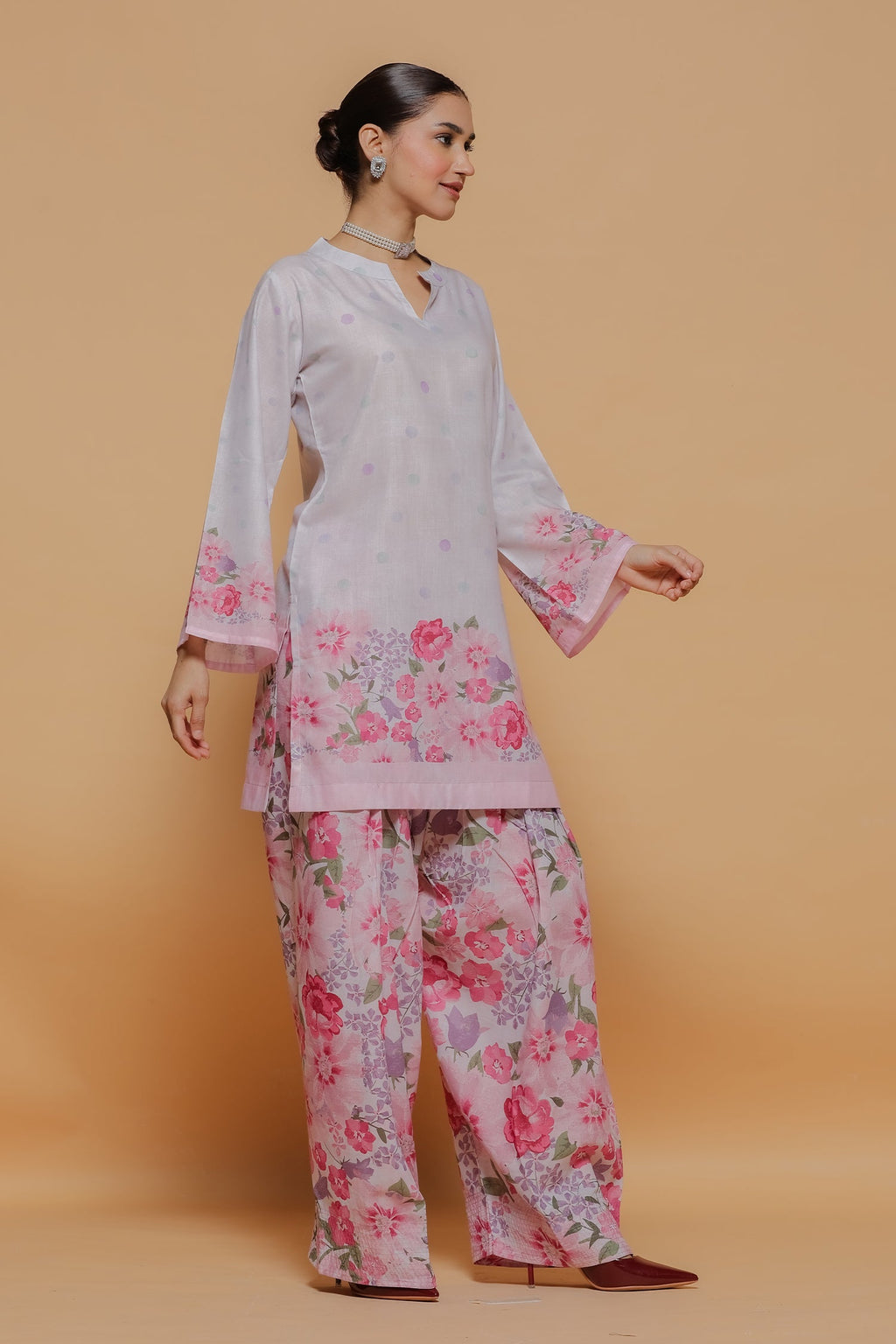 Blush Pink Printed Lawn Cotton Co-ord Set with Farsi Pants