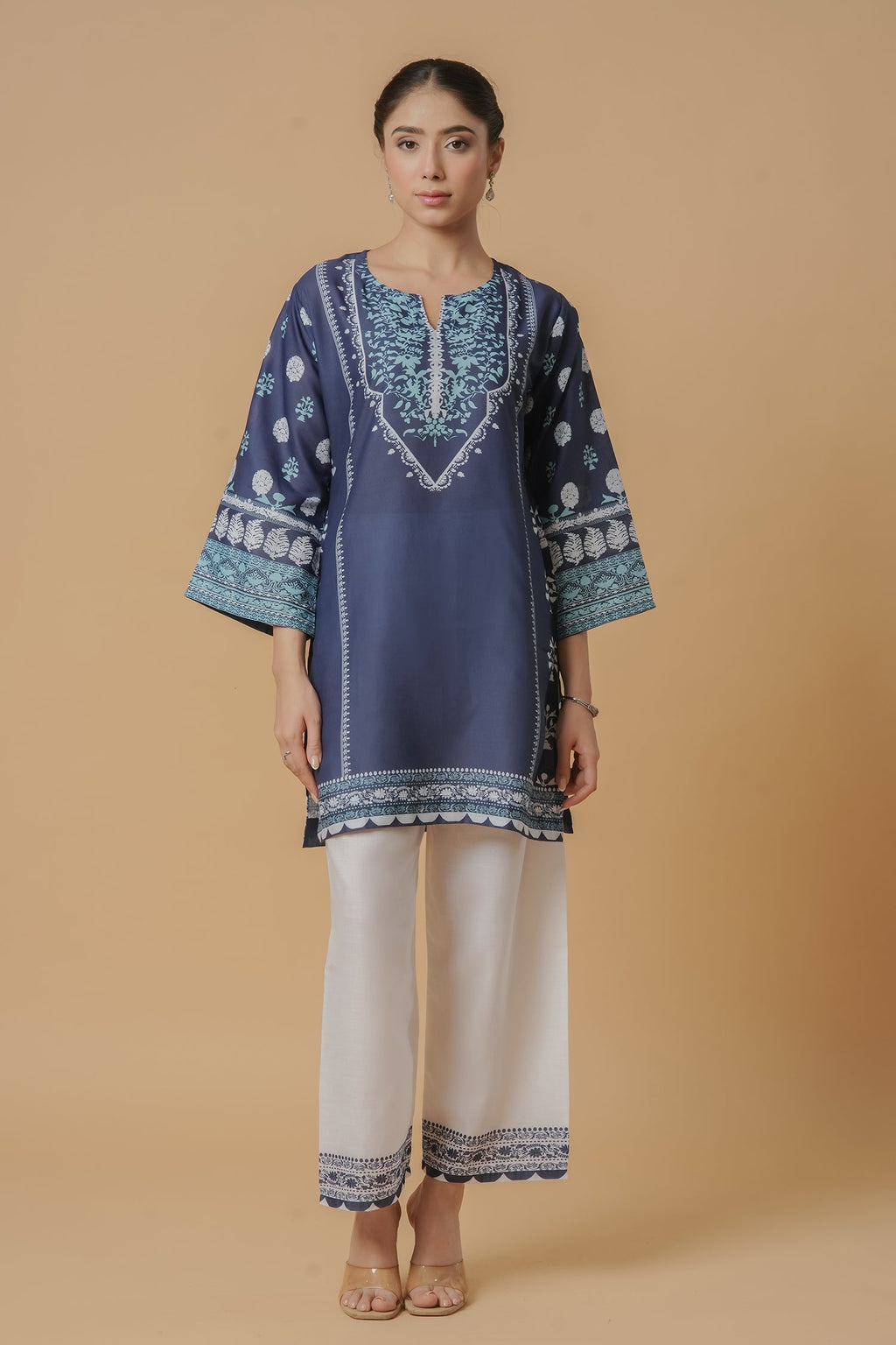 Plus Size - Lawn Cotton Printkari Co-ord Set - Navy Blue & White With Straight pant