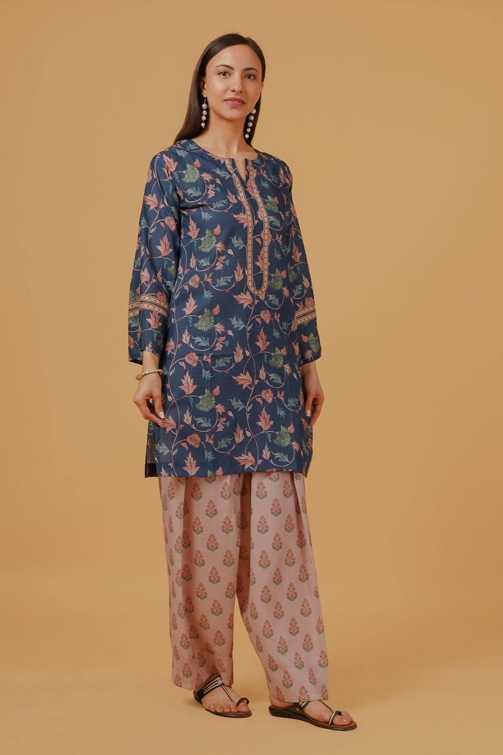 Plus Size - Teal Floral Printed  Lawn Cotton Co-ord Set