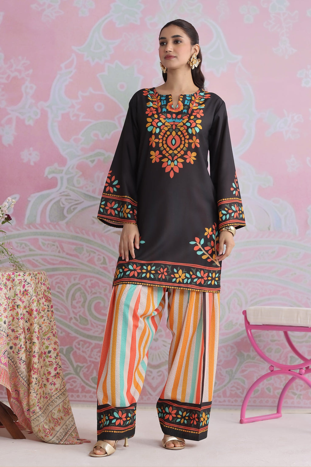 Plus Size - Black Multicolour Printed Lawn Cotton Co-ord Set with Farsi Pants