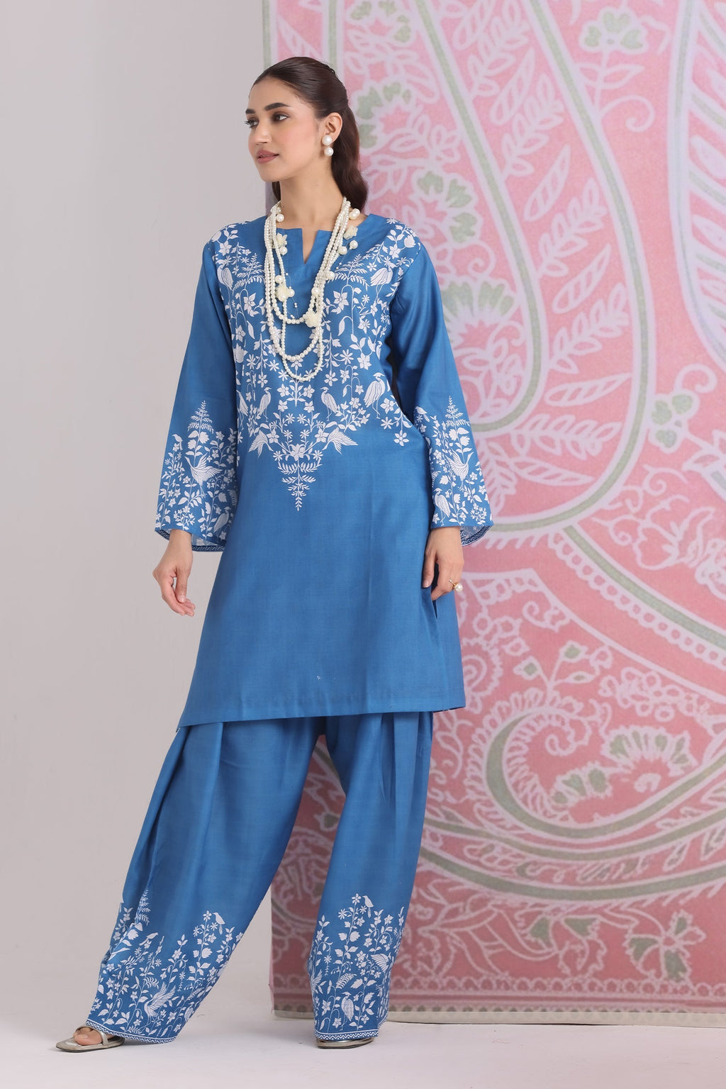 Plus Size - Indigo Blue Printed Lawn Cotton Co-ord Set with Farsi Pants