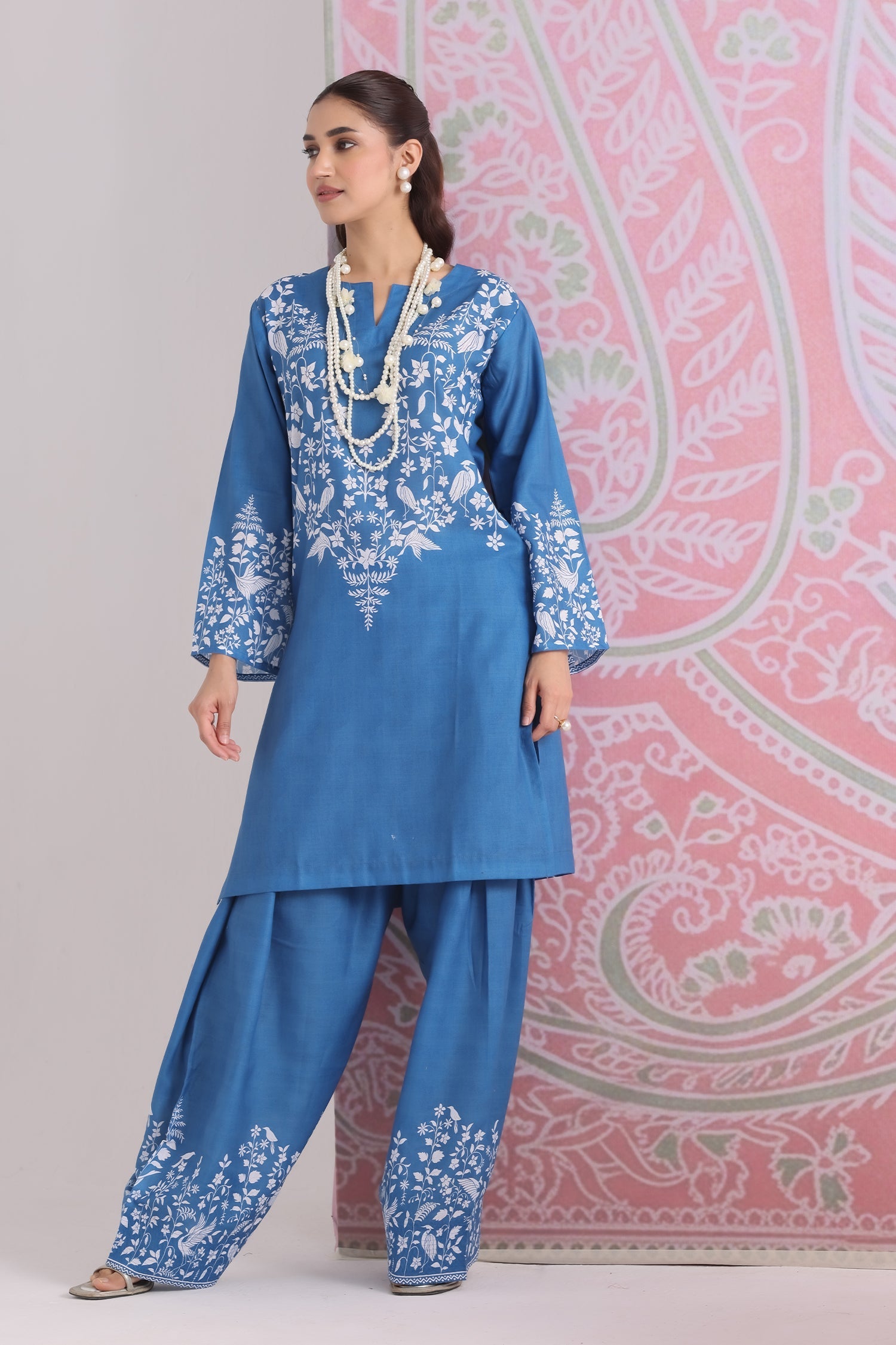 Plus Size - Indigo Blue Printed Lawn Cotton Co-ord Set with Farsi Pants