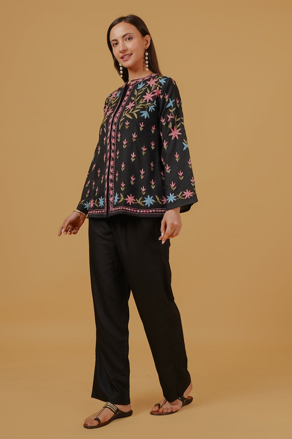 Cotton Kashmiri Aari Embroidered Jacket – Black