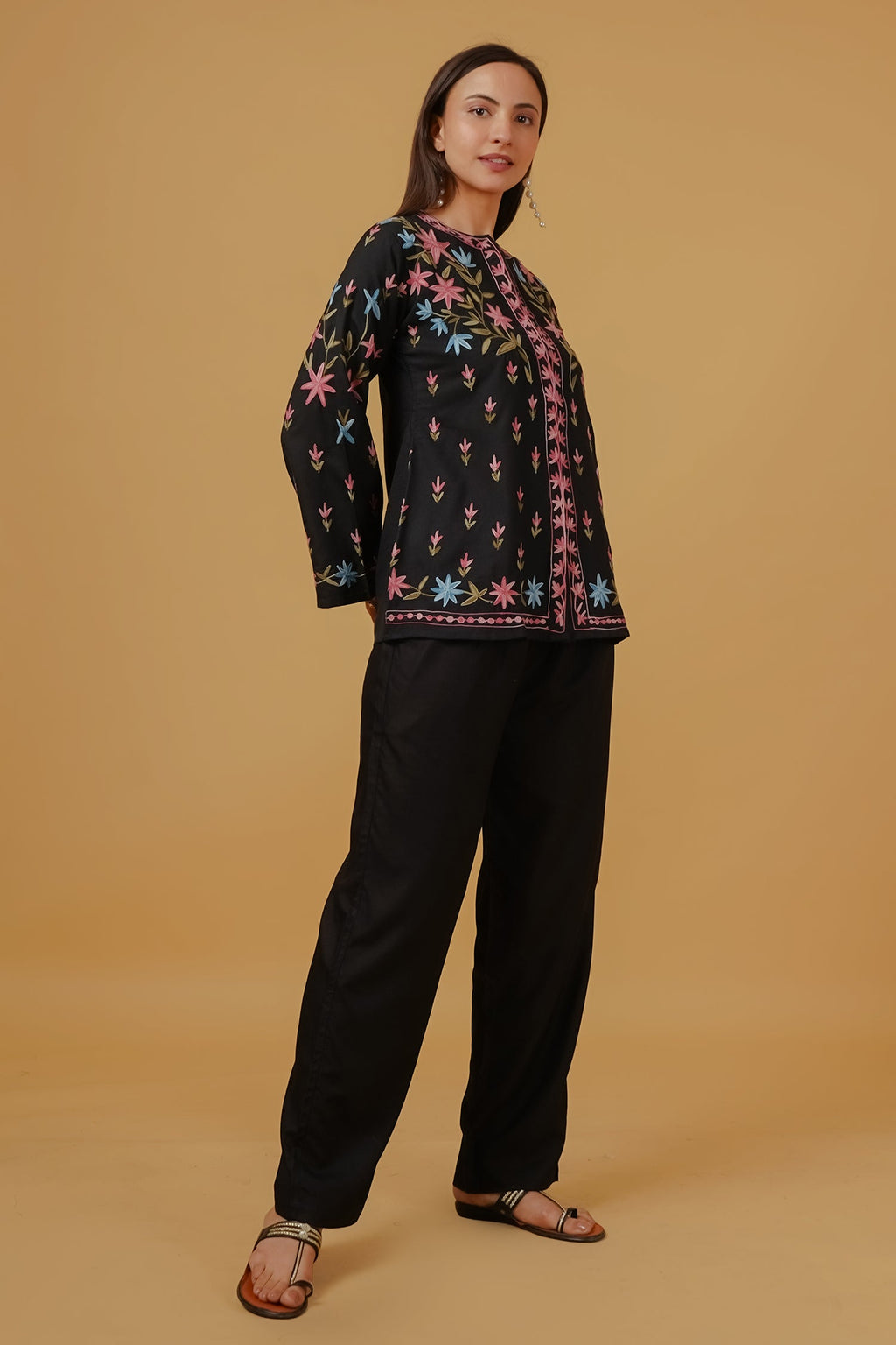Cotton Kashmiri Aari Embroidered Jacket – Black