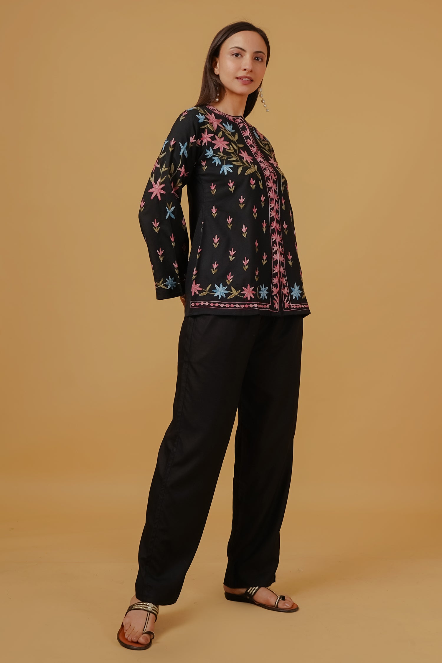 Plus Size - Cotton Kashmiri Aari Embroidered Jacket – Black