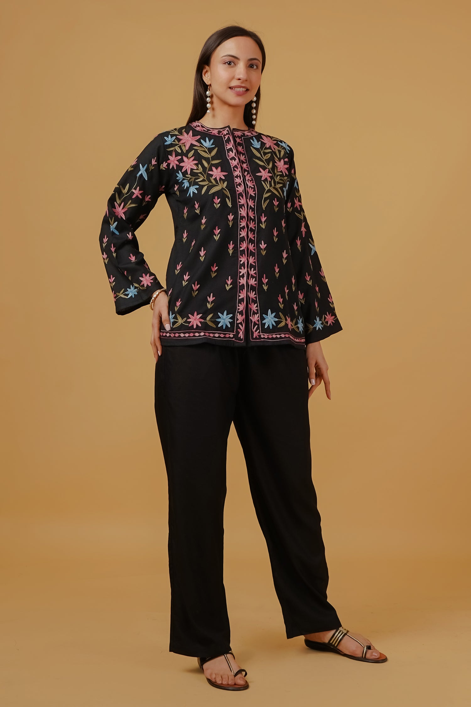 Cotton Kashmiri Aari Embroidered Jacket – Black