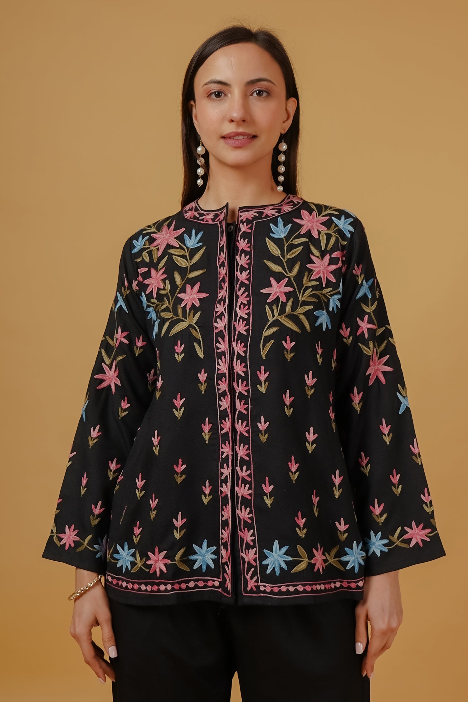 Cotton Kashmiri Aari Embroidered Jacket – Black