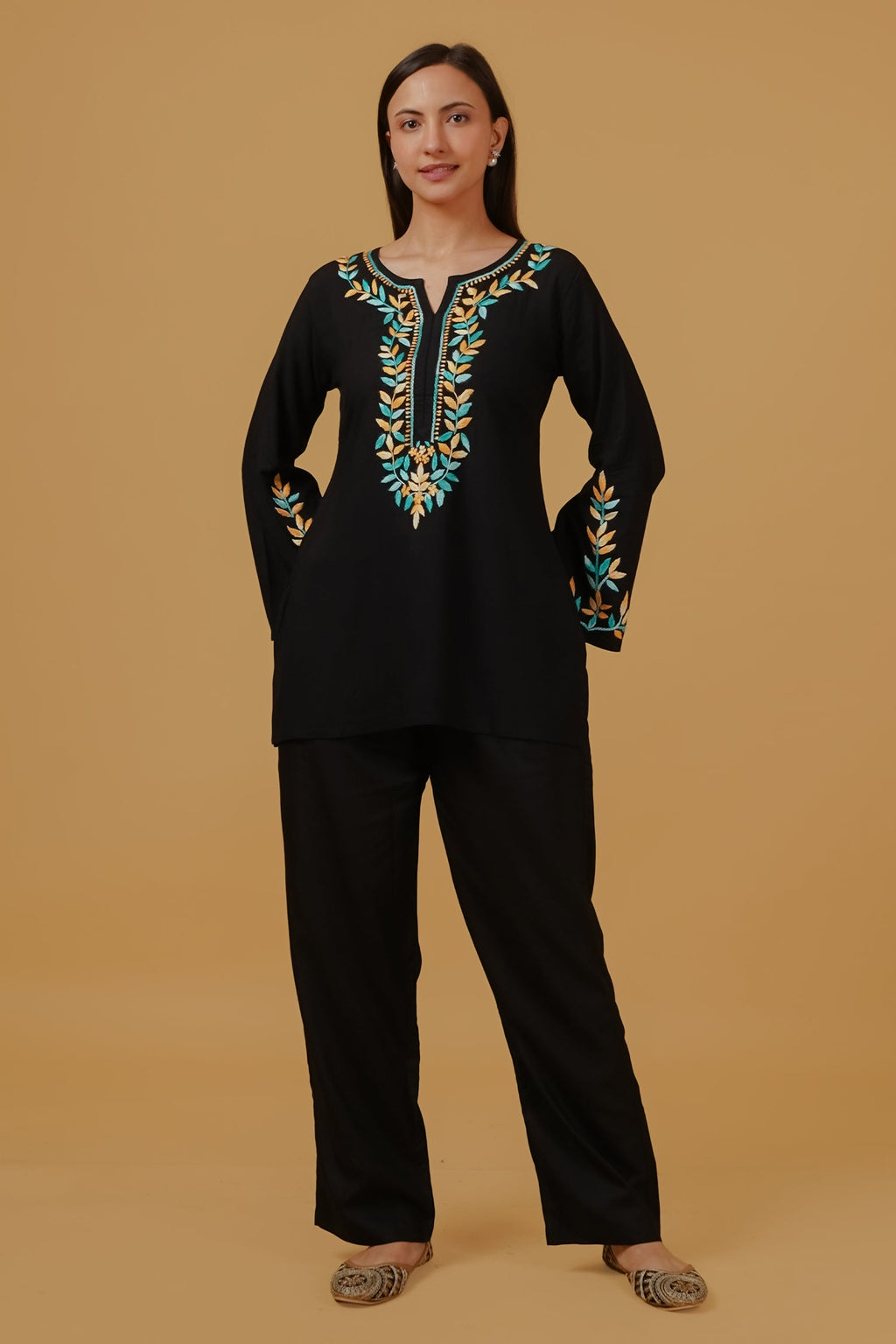 Chikankari Embroidered  Short Kurta in Rayon – Black