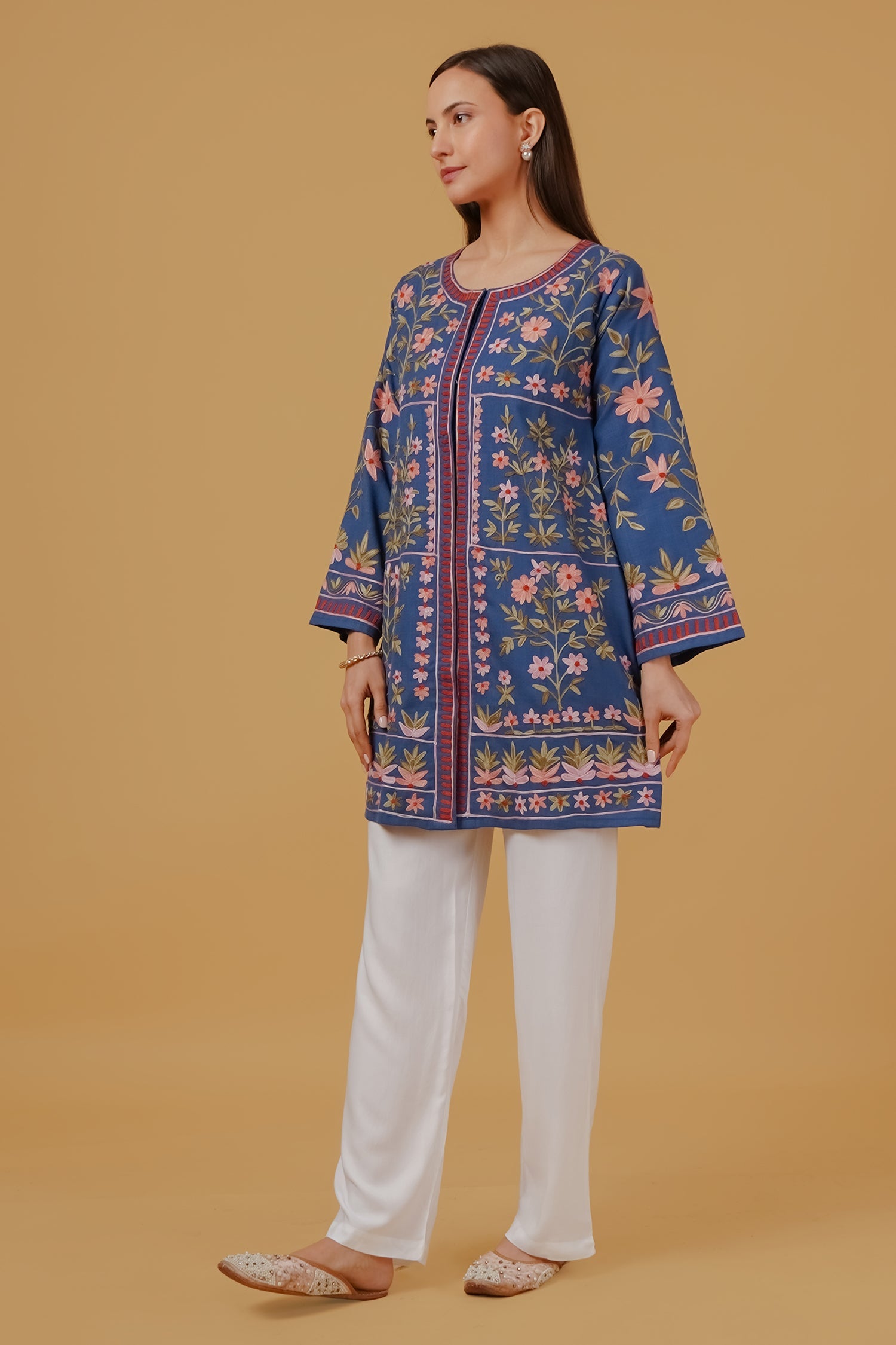 Cotton Kashmiri Aari Embroidered Jacket – Blue