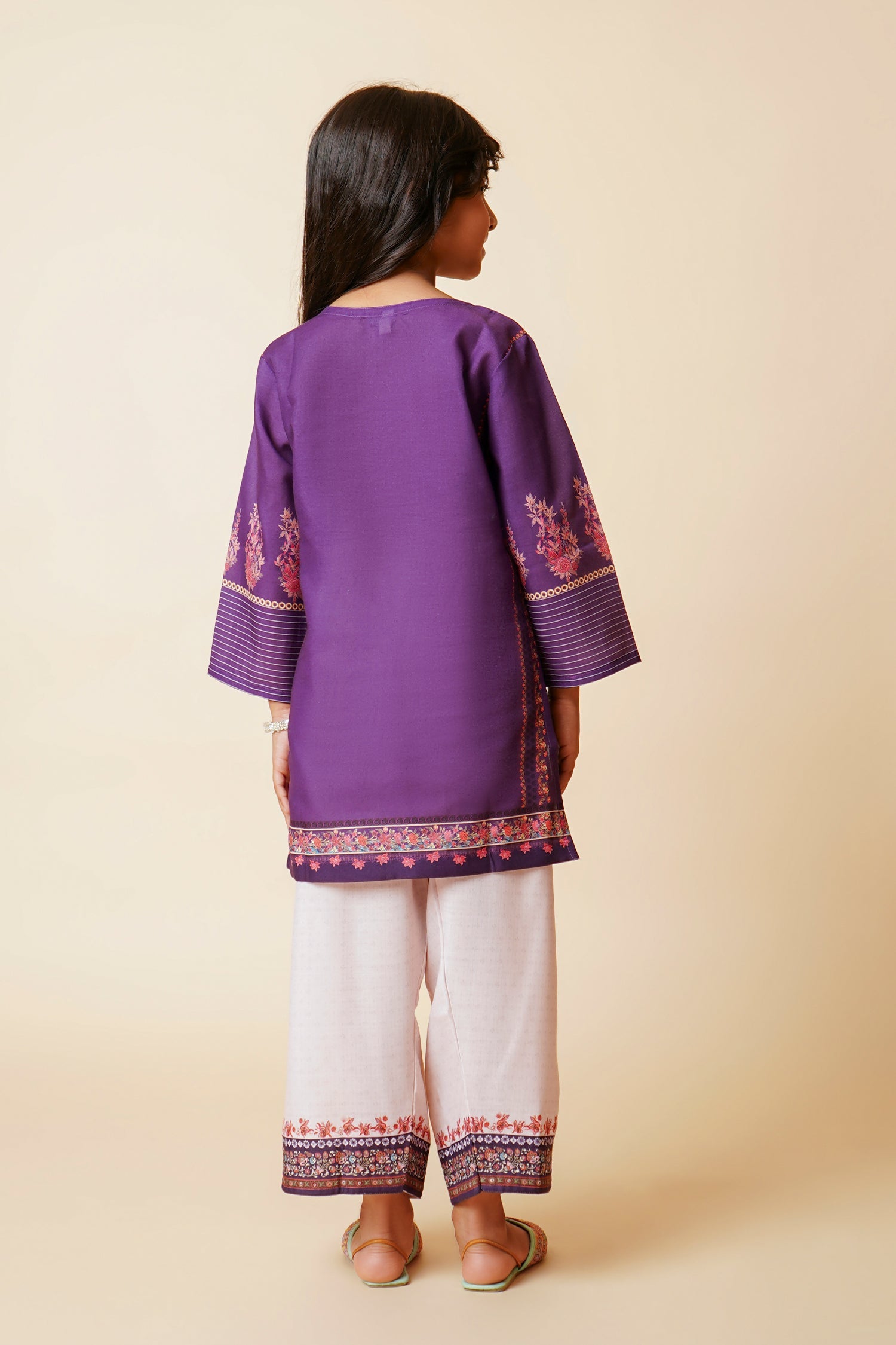 Printed Lawn Cotton Co-ord Set for Kids – Purple & Cream