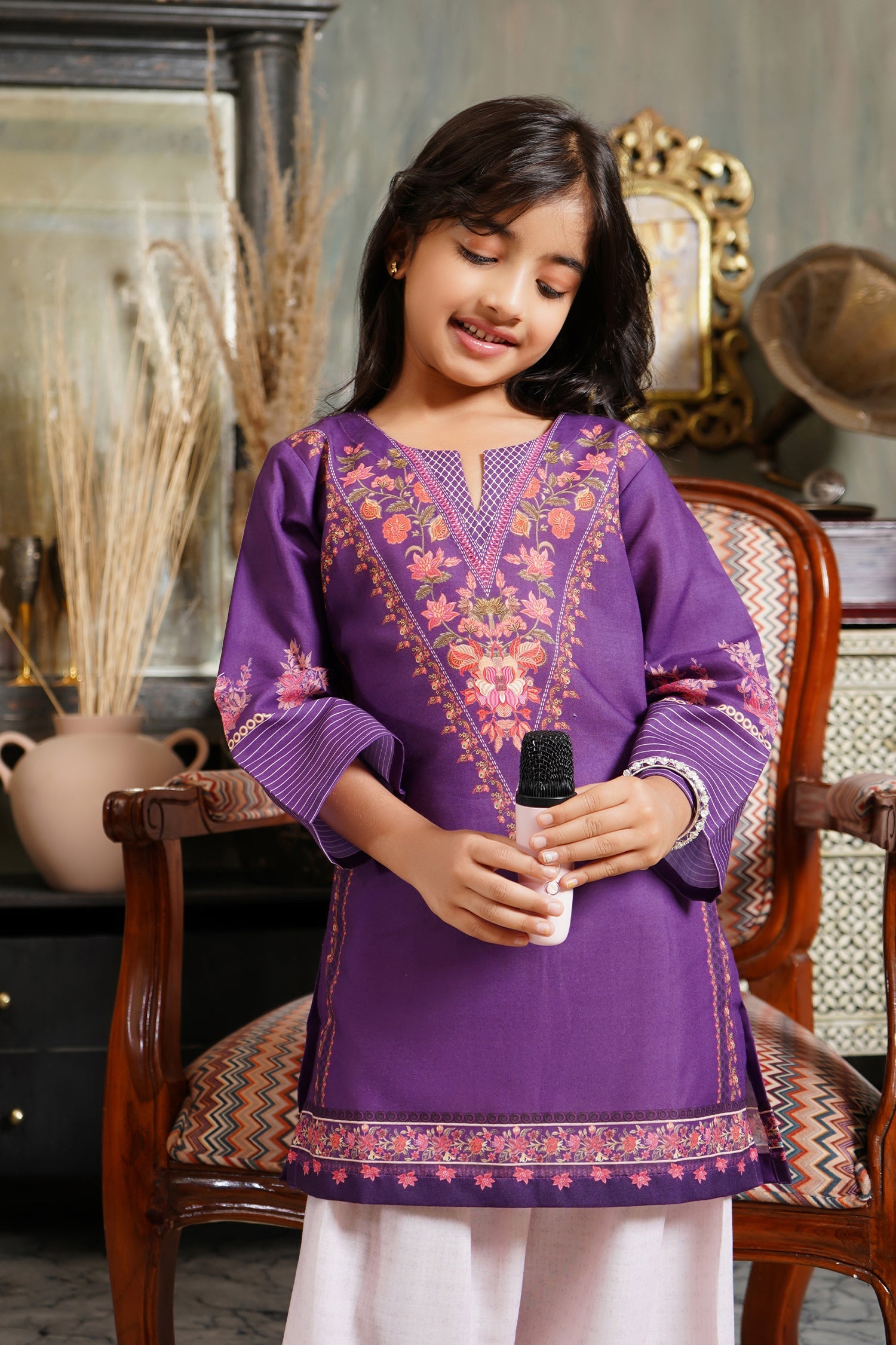 Printed Lawn Cotton Co-ord Set for Kids – Purple & Cream