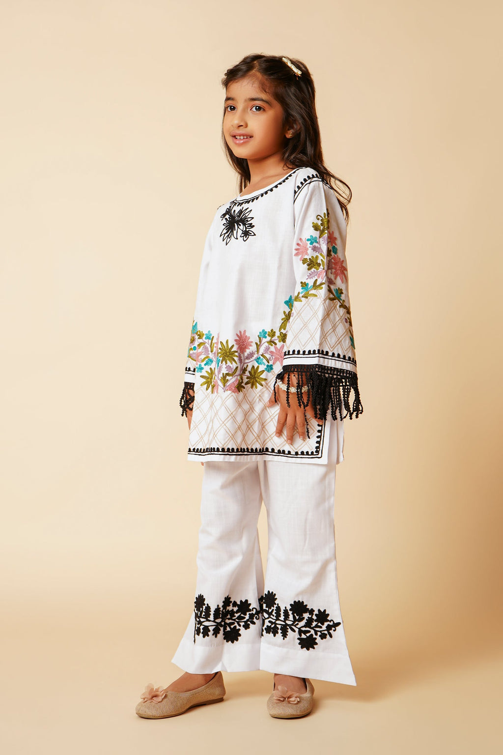 Kashmiri Aari Cotton Kurta Set for Kids – White