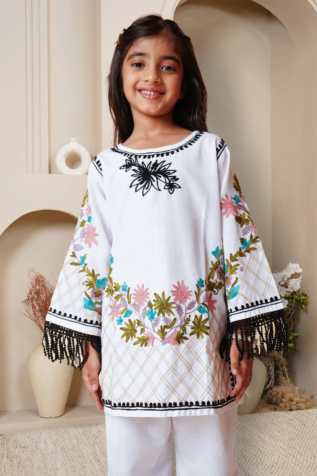Kashmiri Aari Cotton Kurta Set for Kids – White