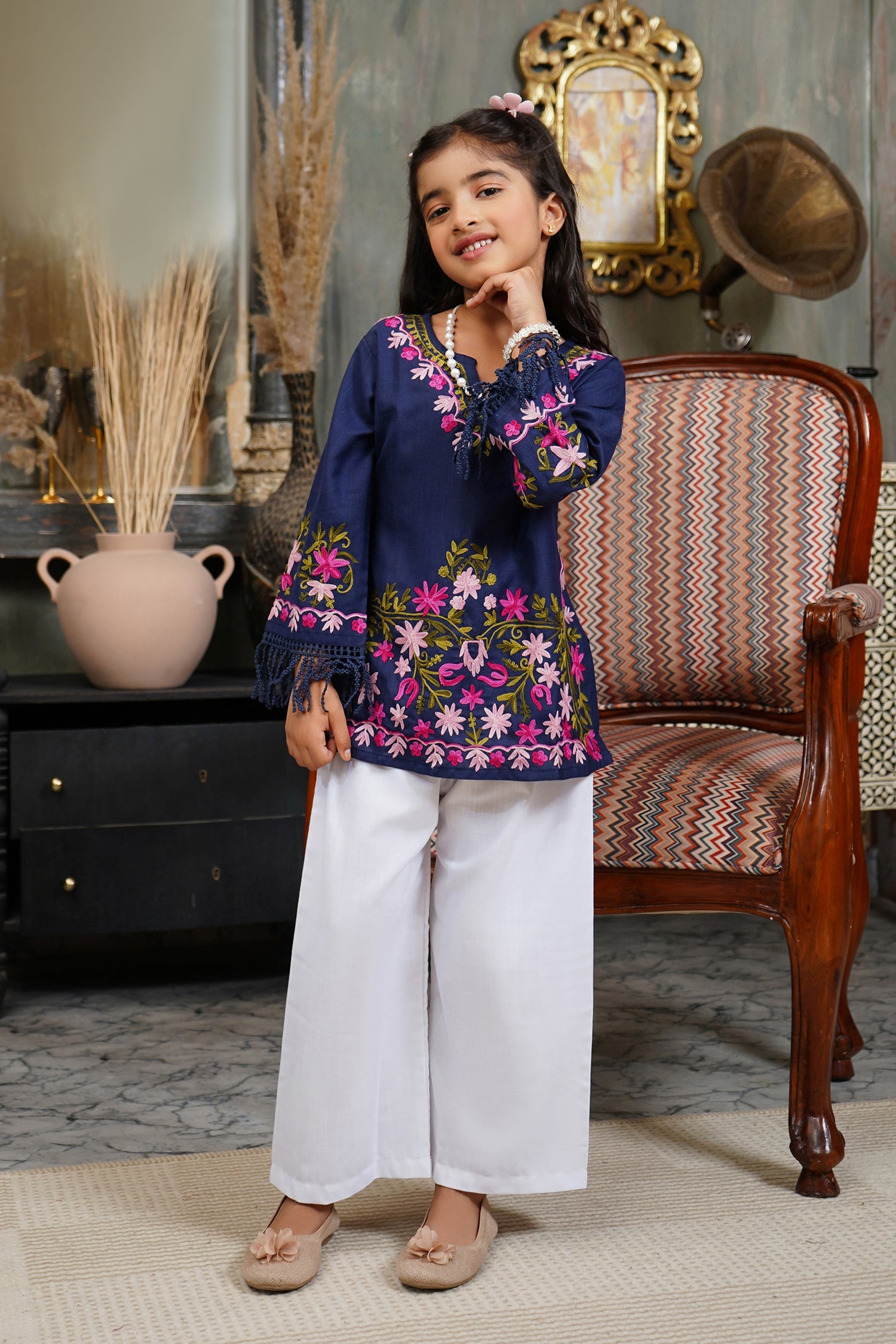 Kashmiri Aari Cotton Kurta for Kids – Navy Blue