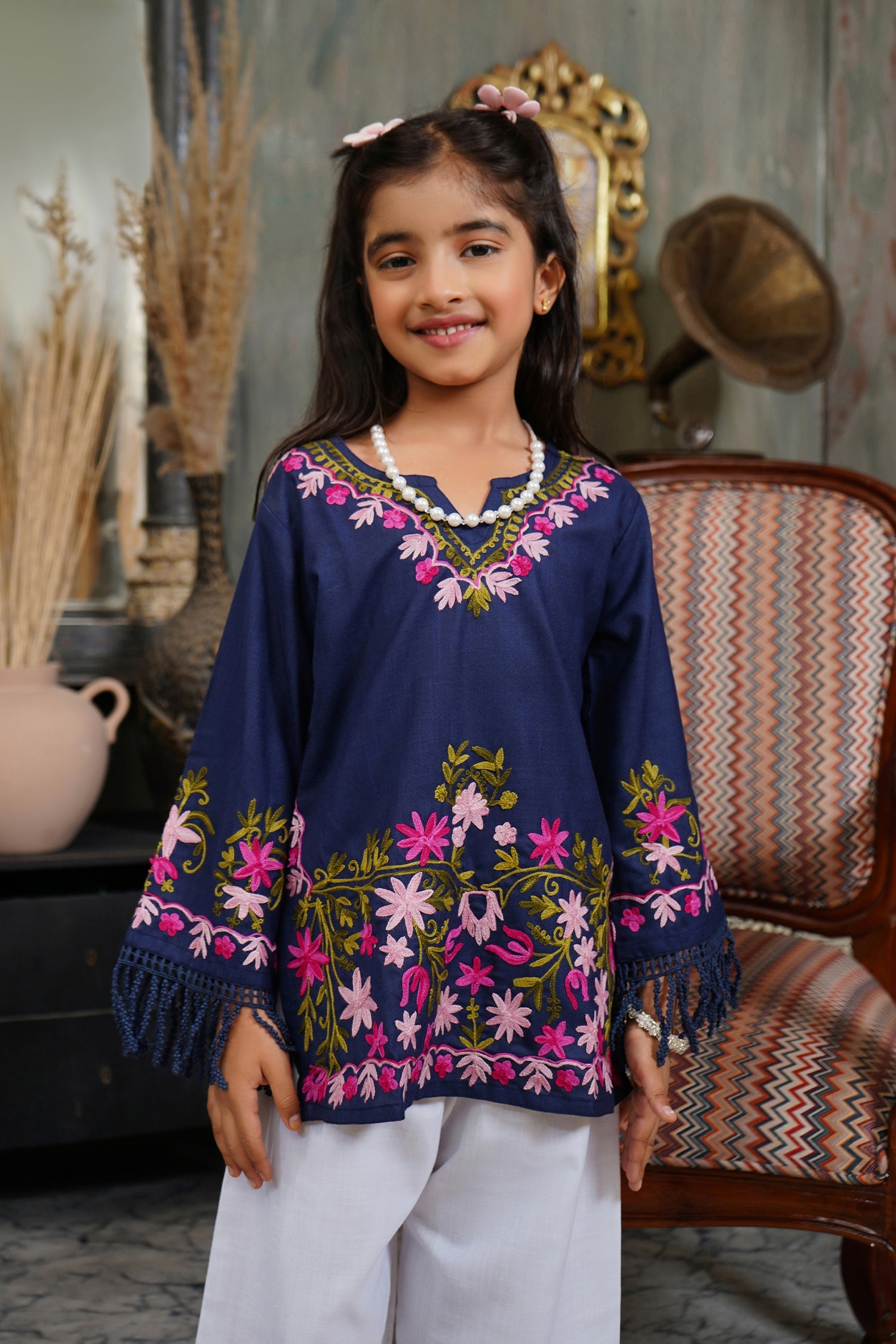 Kashmiri Aari Cotton Kurta for Kids – Navy Blue