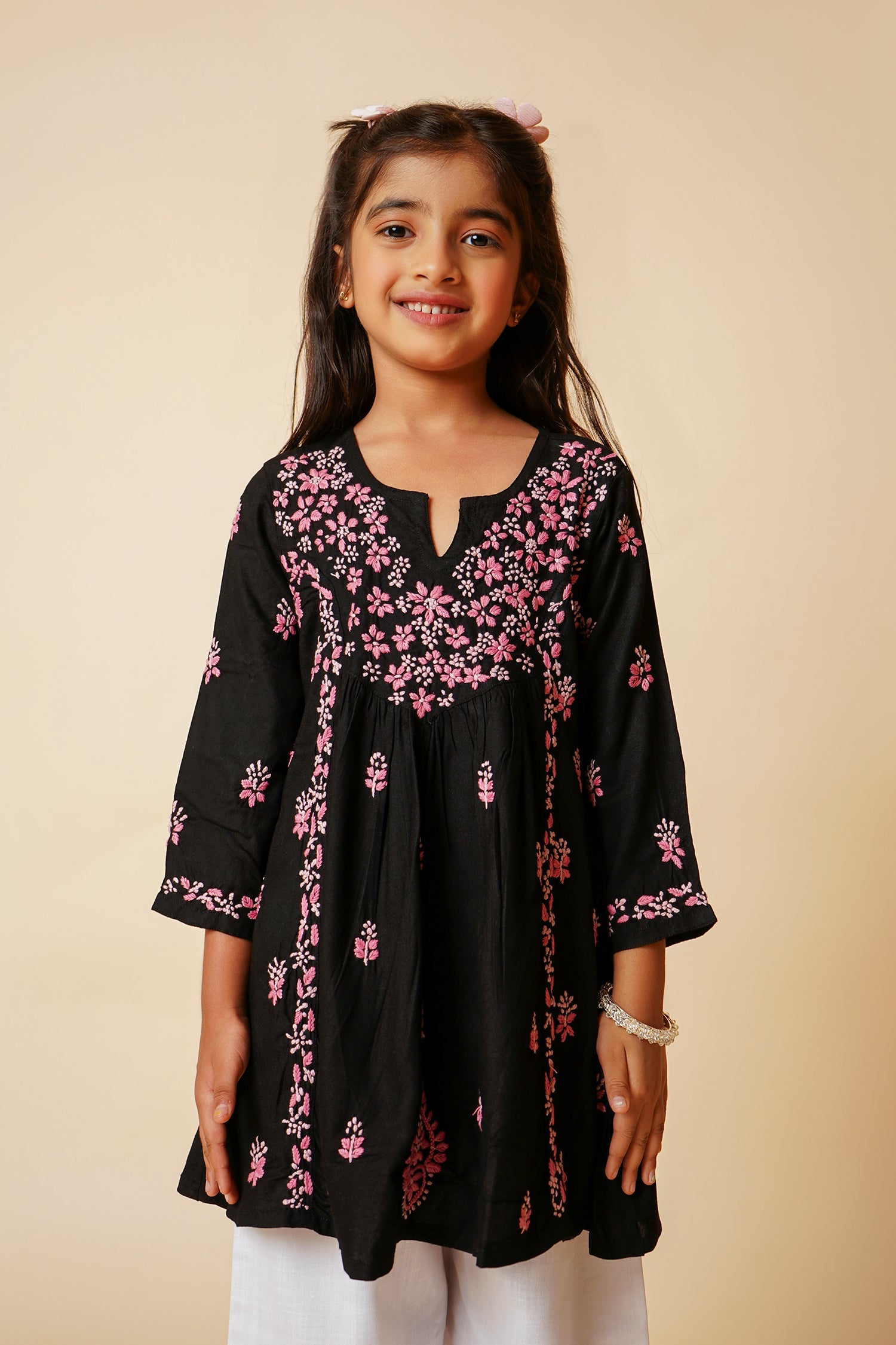 Chikankari Rayon Cotton Kurta for Kids – Black