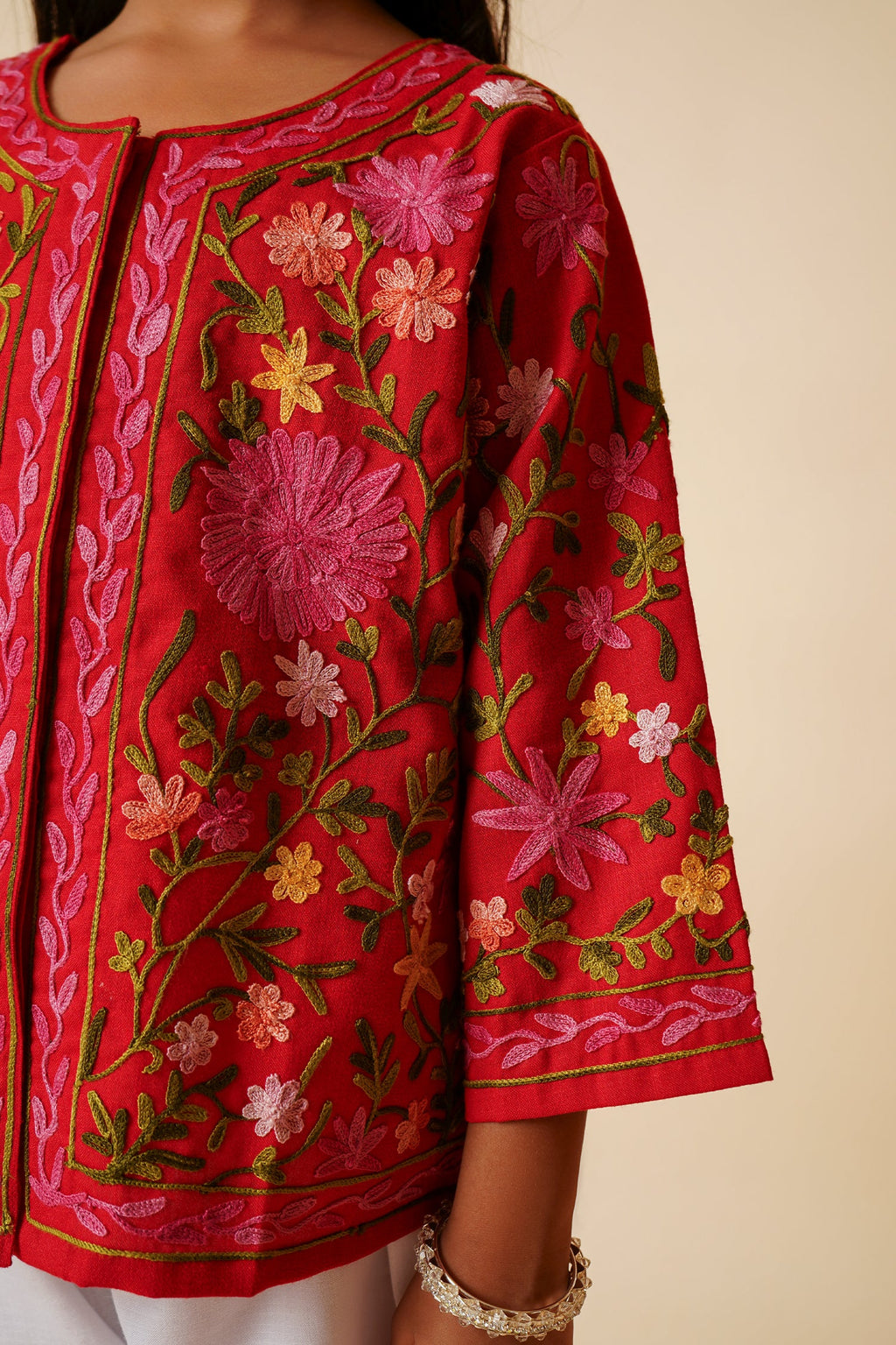 Kashmiri Aari Cotton Jacket for Kids – Red